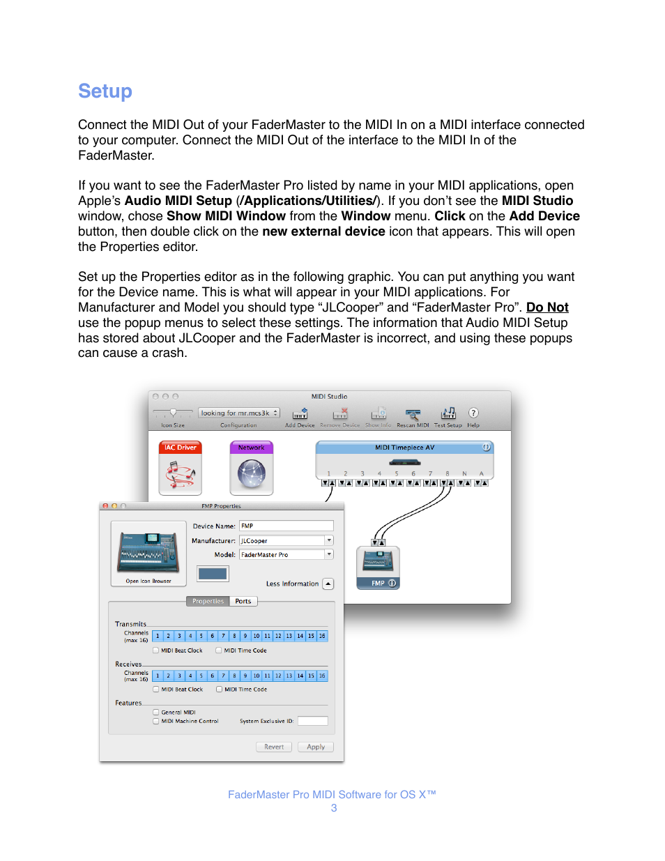 Setup | JLCooper FaderMaster Pro MIDI for OS X User Manual | Page 5 / 20