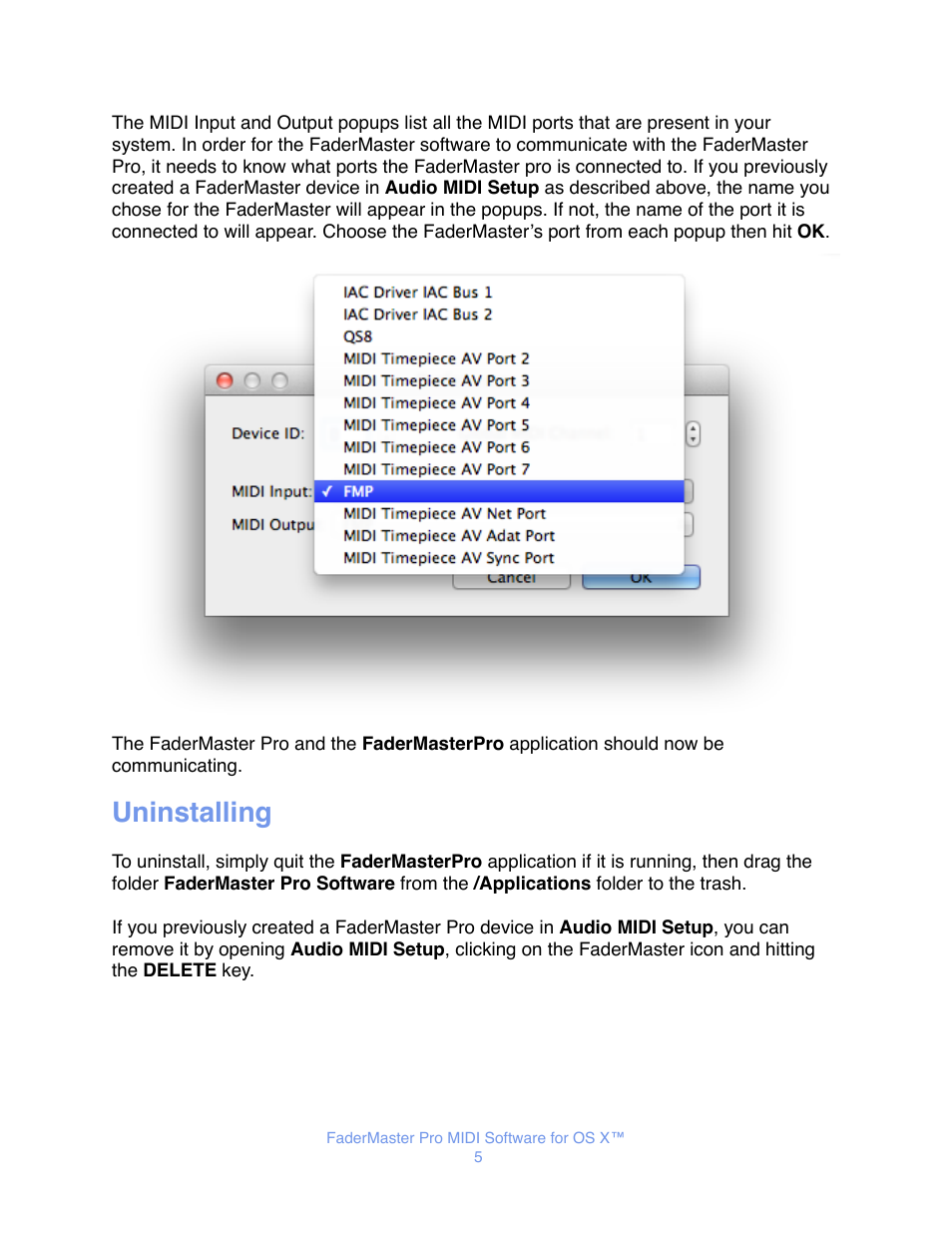 Uninstalling | JLCooper FaderMaster Pro MIDI for OS X User Manual | Page 7 / 20