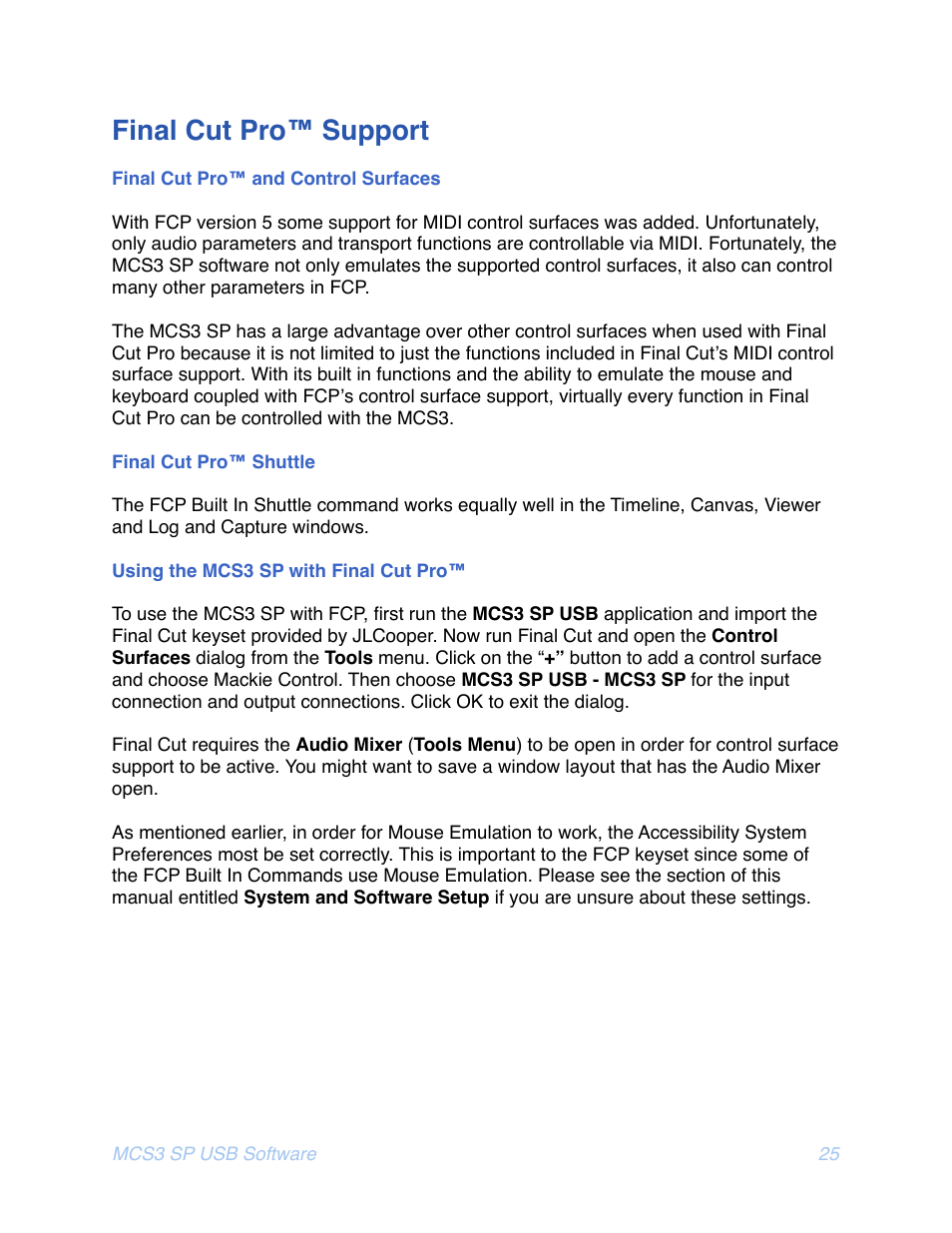 Inal, Upport, Ontrol | Urfaces, Huttle, Sing the, Mcs3, With, Final cut pro™ support | JLCooper MCS3 SP USB for OSX User Manual | Page 27 / 43