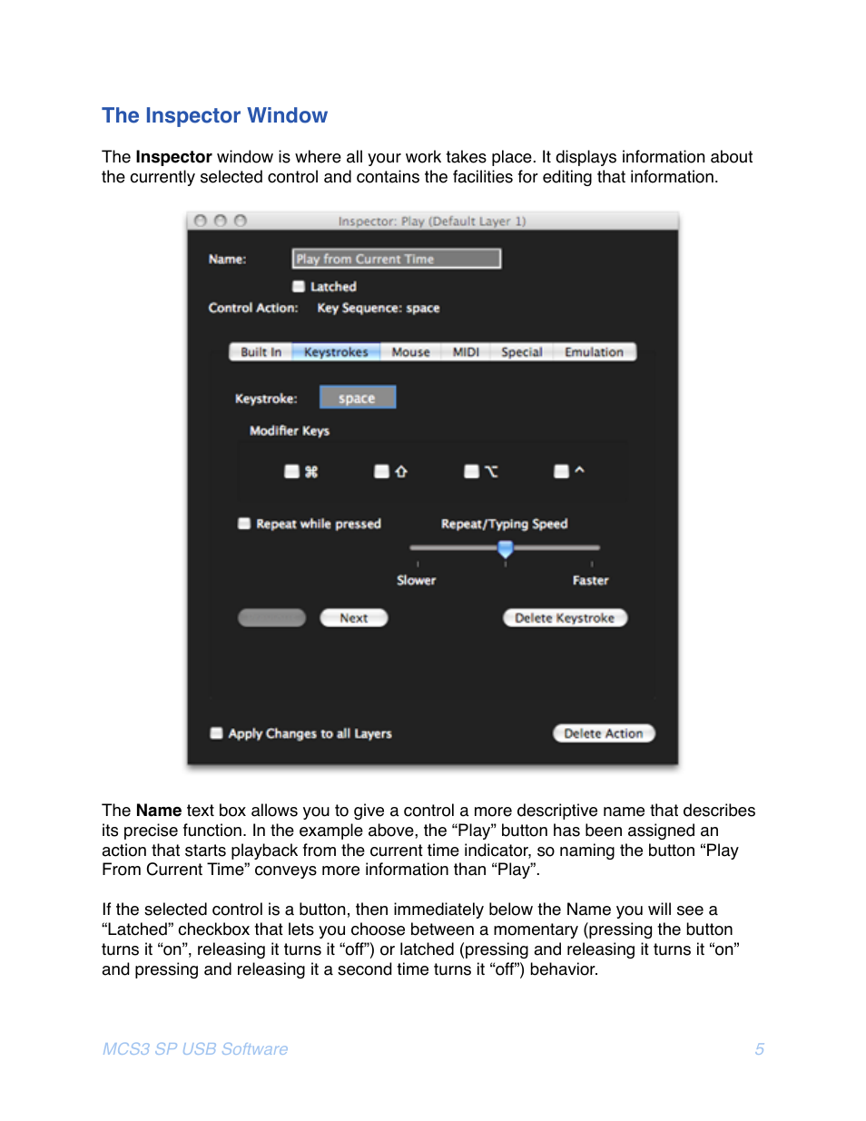 Nspector, Indow, The inspector window | JLCooper MCS3 SP USB for OSX User Manual | Page 7 / 43