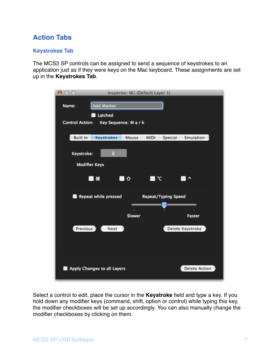 Ction, Eystrokes, Action tabs | JLCooper MCS3 SP USB for OSX User Manual | Page 9 / 43
