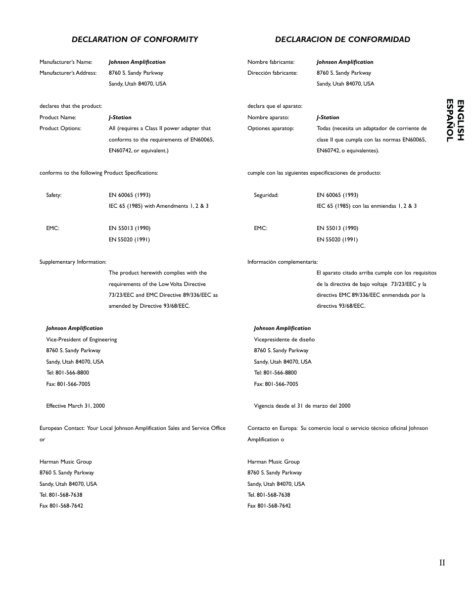 Ii english esp a ñ ol, Declaration of conformity, Declaracion de conformidad | Johnson Amplification J-STATION User Manual | Page 3 / 76