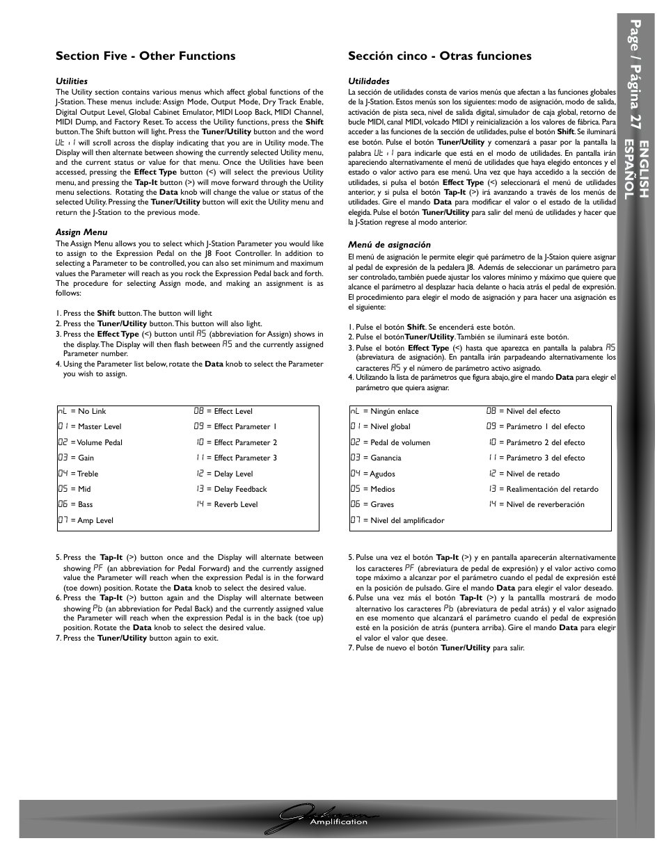 Pa g e / p á gina 27, Sección cinco - otras funciones, English esp a ñ ol | Johnson Amplification J-STATION User Manual | Page 32 / 76