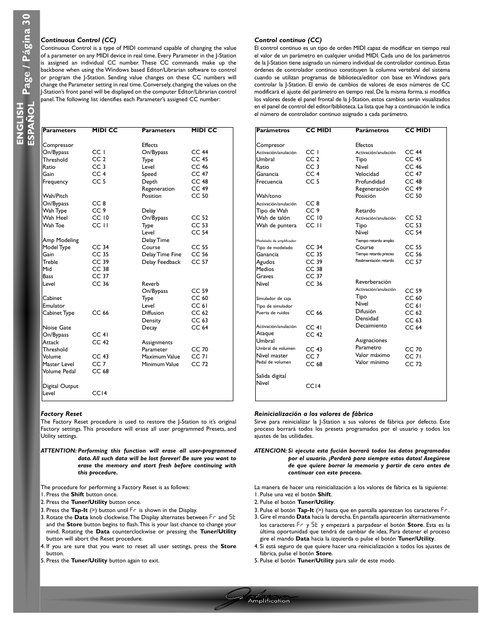 Pa g e / p á gina 30, English esp a ñ ol | Johnson Amplification J-STATION User Manual | Page 35 / 76