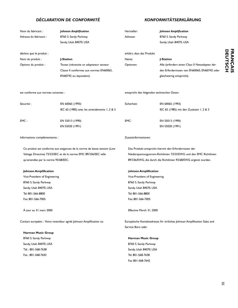 Ii fran ç ais deutsch, Déclaration de conformité, Konformitätserklärung | Johnson Amplification J-STATION User Manual | Page 40 / 76