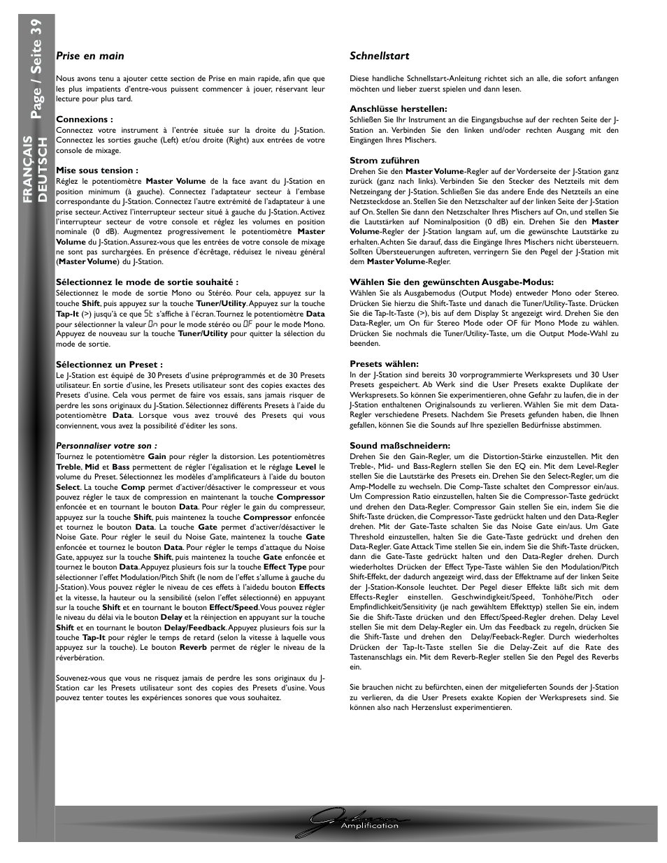Pa g e / seite 39, Chapitre / abschnitt 1- introduction / einleitung | Johnson Amplification J-STATION User Manual | Page 44 / 76
