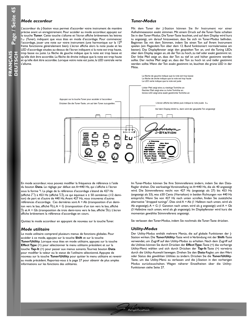 Pa g e / seite 45, Chapitre / abschnitt 1- introduction / einleitung, J-station mode d ’emploi / bedienungshandbuch | Fran ç ais deutsch | Johnson Amplification J-STATION User Manual | Page 50 / 76