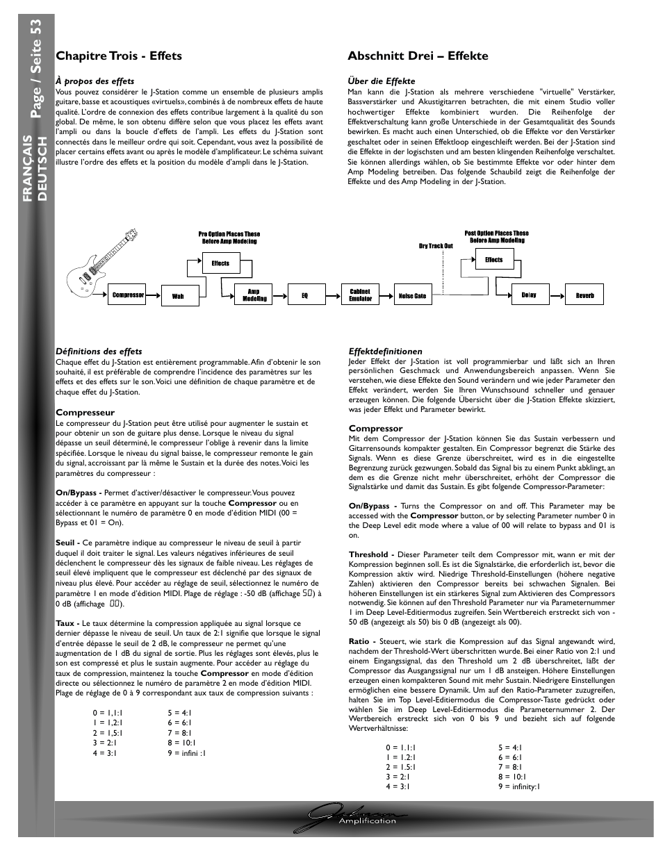 Pa g e / seite 53, Chapitre / abschnitt 3- effets / effekte, J-station mode d ’emploi / bedienungshandbuch | Fran ç ais deutsch chapitre trois - effets, Abschnitt drei – effekte | Johnson Amplification J-STATION User Manual | Page 58 / 76