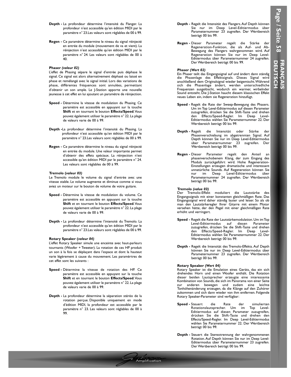 Pa g e / seite 58, Chapitre / abschnitt 3- effets / effekte, J-station mode d ’emploi / bedienungshandbich | Fran ç ais deutsch | Johnson Amplification J-STATION User Manual | Page 63 / 76
