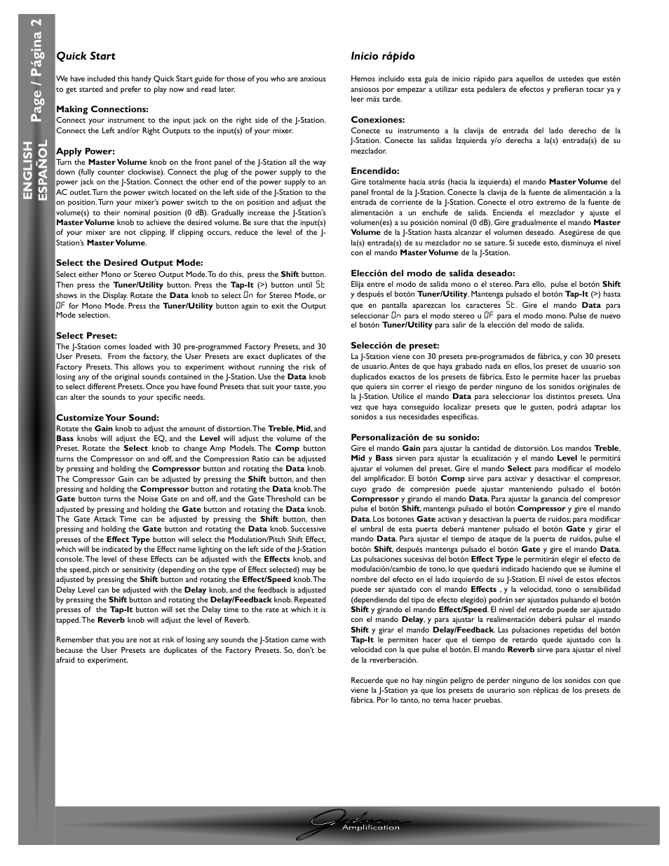 Pa g e / p á gina 2 | Johnson Amplification J-STATION User Manual | Page 7 / 76