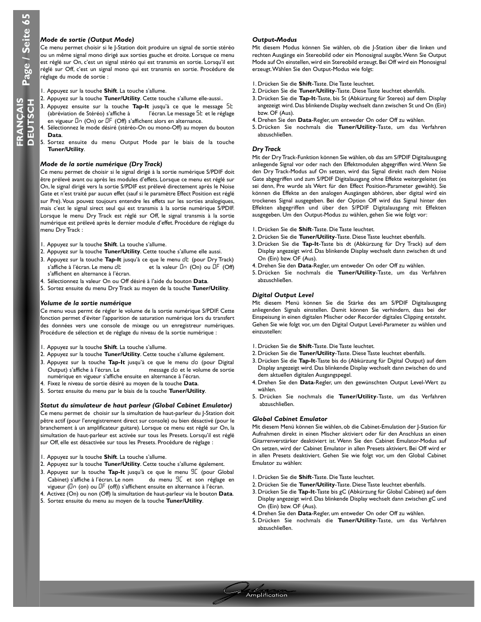 Pa g e / seite 65, J-station mode d ’emploi / bedienungshandbuch, Fran ç ais deutsch | Johnson Amplification J-STATION User Manual | Page 70 / 76