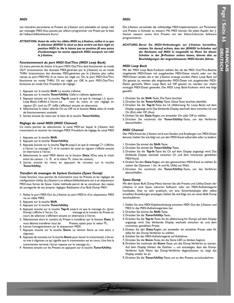 Pa g e / seite 66, J-station mode d ’emploi / bedienungshandbich, Fran ç ais deutsch | Johnson Amplification J-STATION User Manual | Page 71 / 76