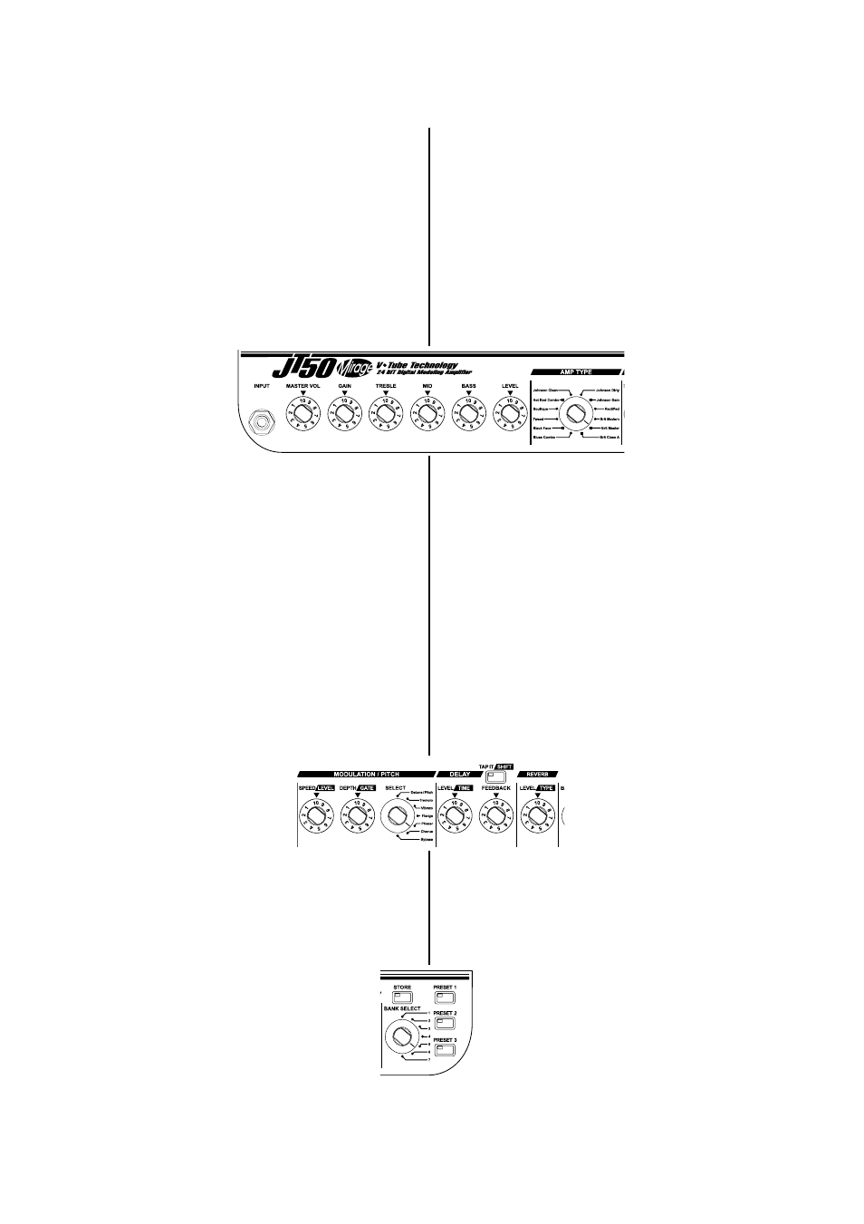 Sección de amplificación, Sección de efectos, Sección preset | Johnson Amplification JT50 User Manual | Page 9 / 20