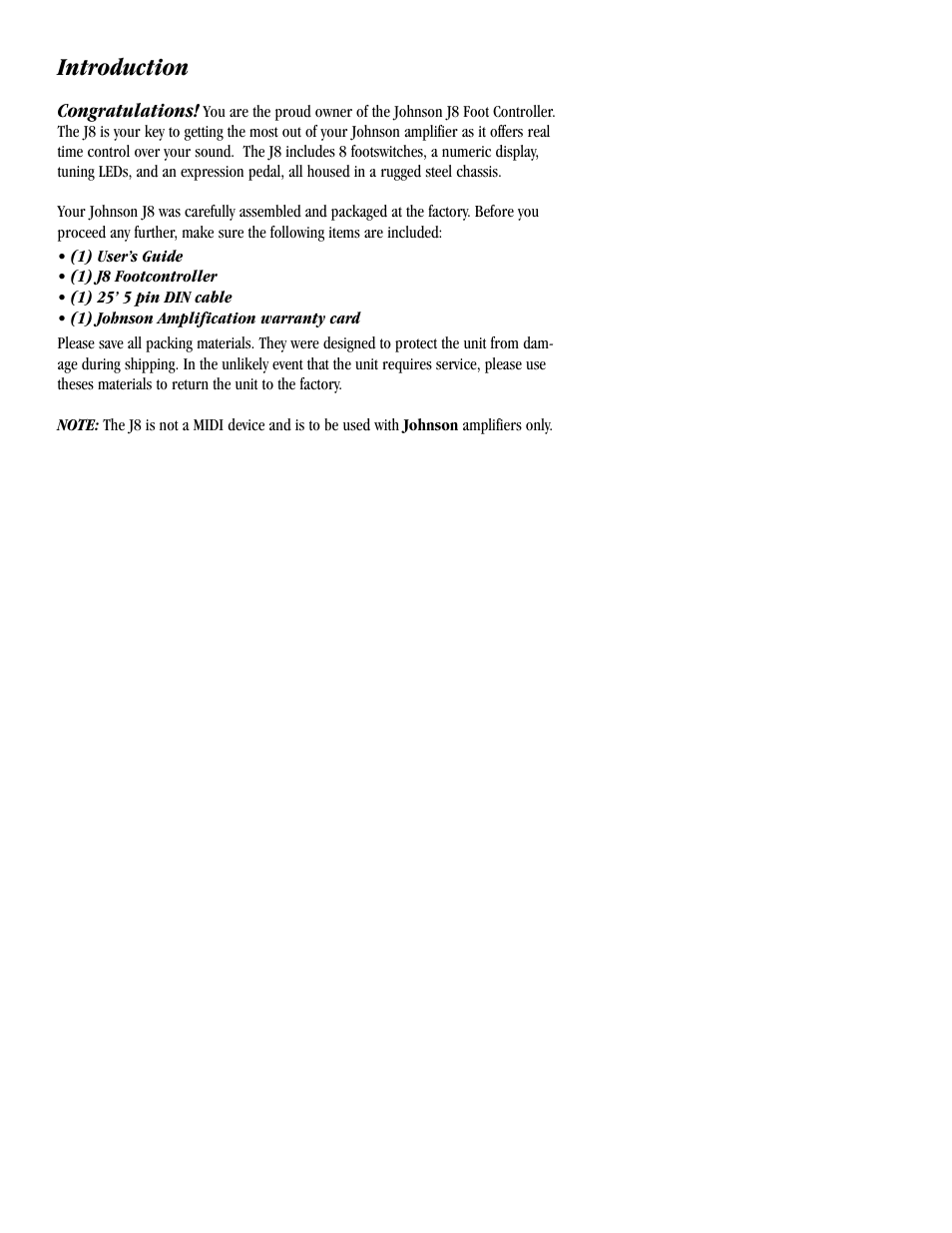 Introduction | Johnson Amplification J8 User Manual | Page 3 / 8