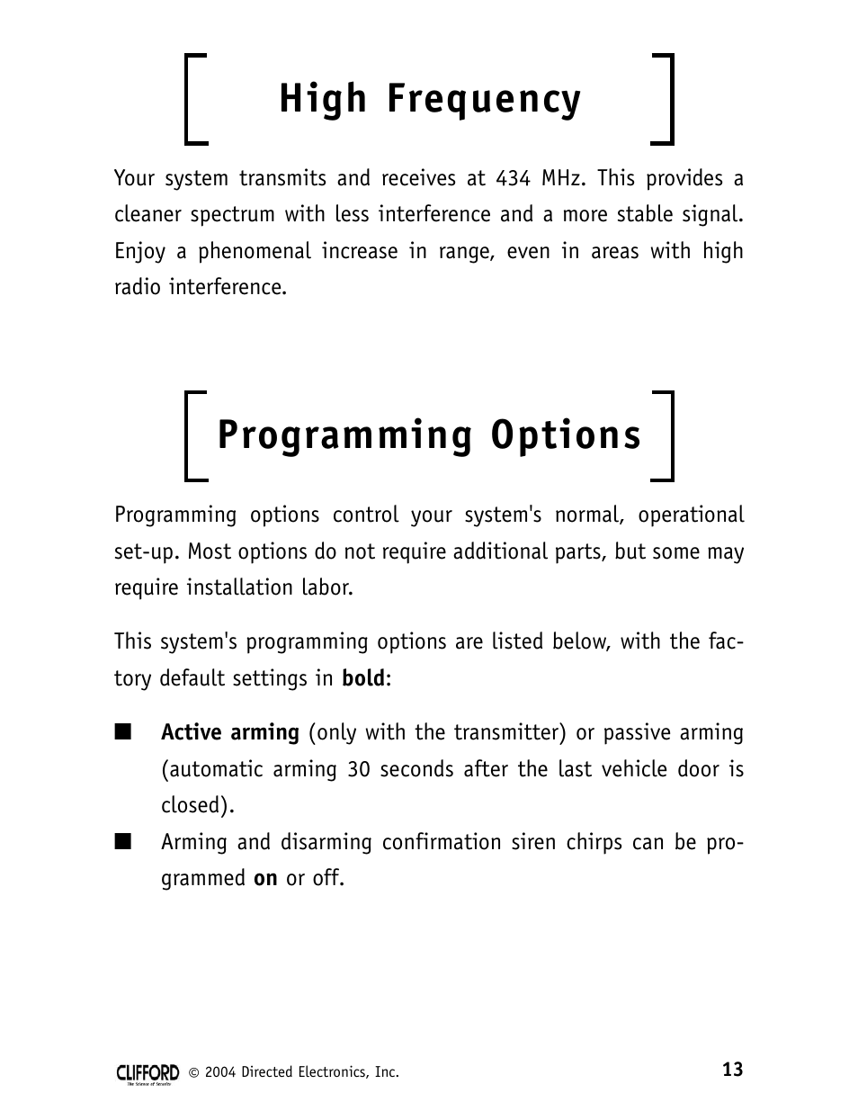 High frequency, Programming options | CLIFFORD 980074 SERIES 11CX User Manual | Page 18 / 23