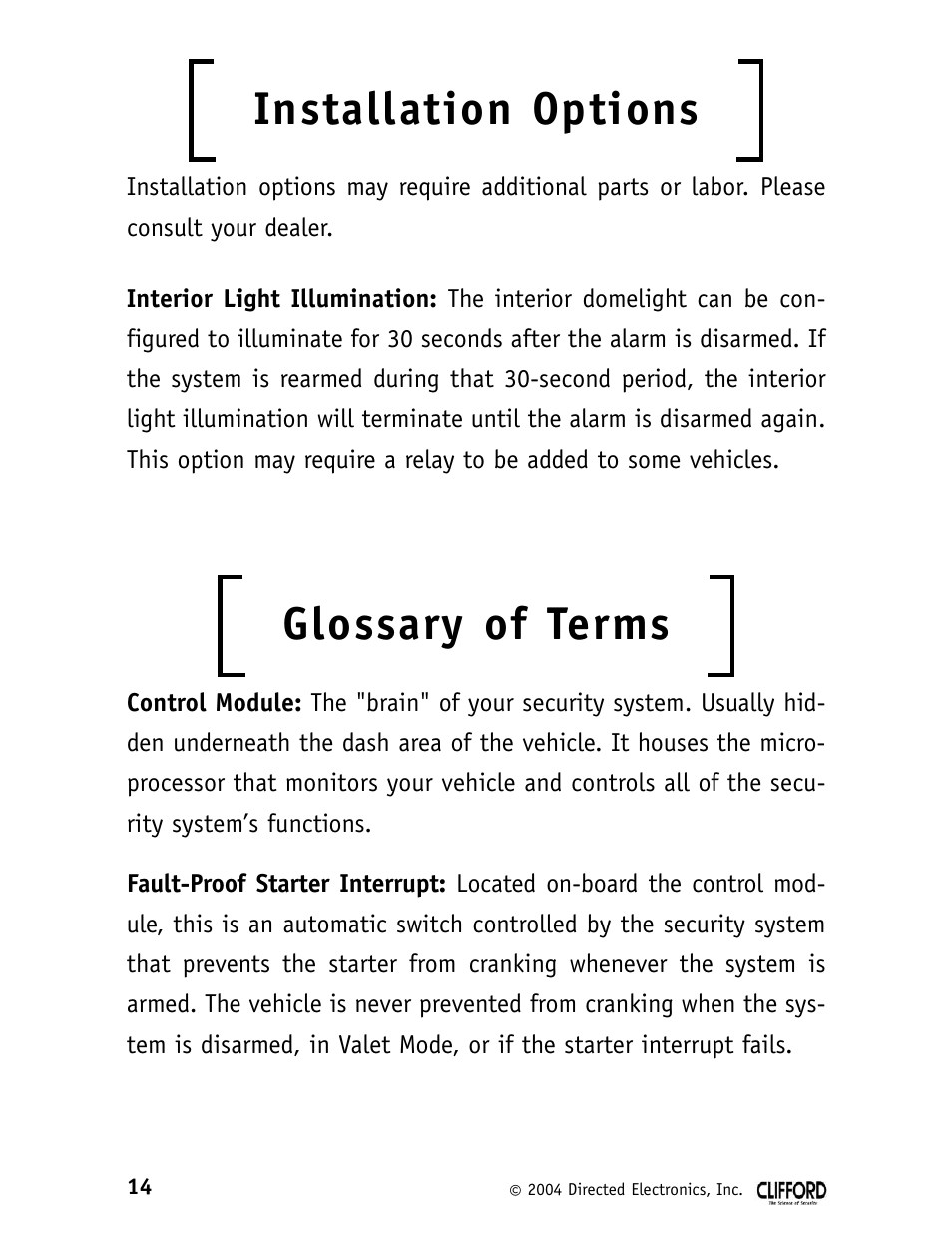 Installation options, Glossary of terms | CLIFFORD 980074 SERIES 11CX User Manual | Page 19 / 23