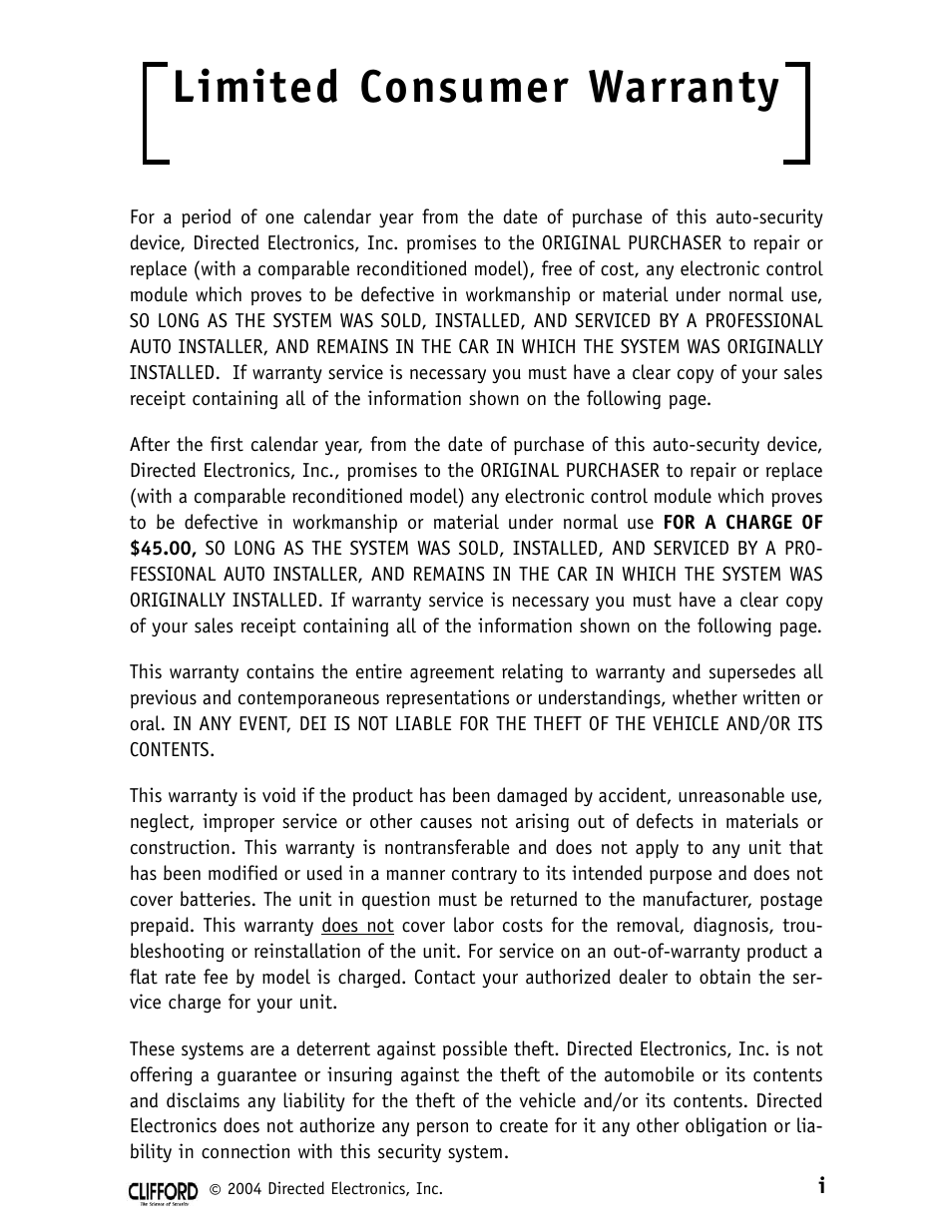 Limited consumer warranty | CLIFFORD 980074 SERIES 11CX User Manual | Page 3 / 23