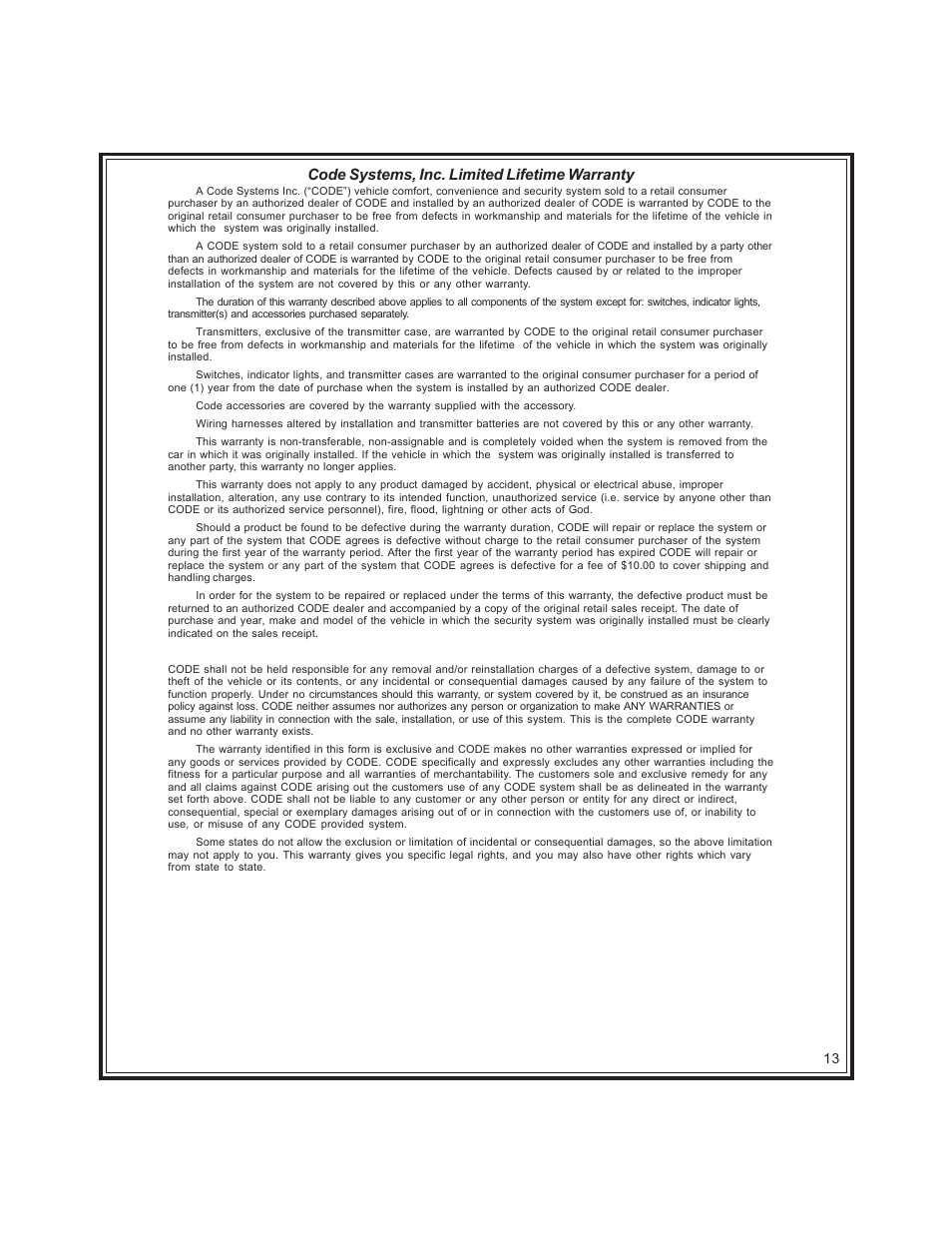 Code systems, inc. limited lifetime warranty | Code Alarm CA-670 User Manual | Page 13 / 14