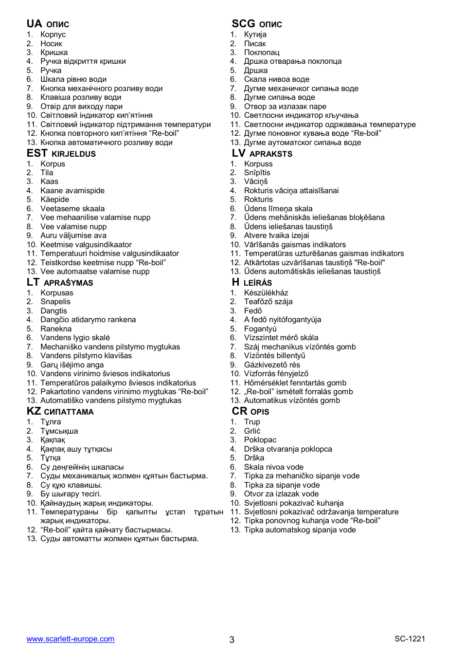 Ua scg, Kz cr | Scarlett SC-1221 User Manual | Page 3 / 19