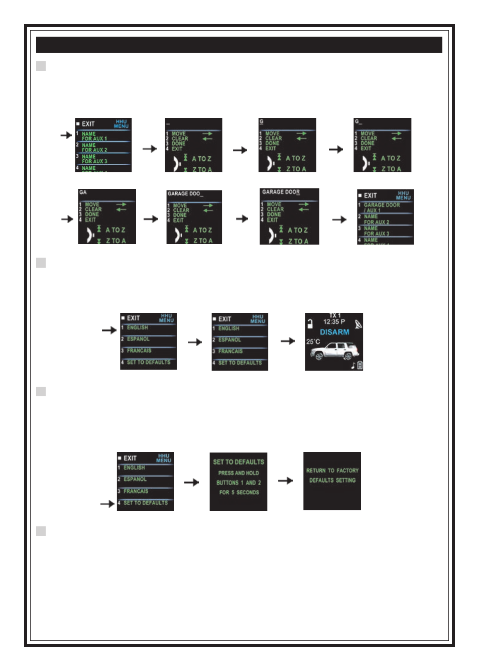 Name of channel setting, Settings for the 2-way transmitter, continued, Language setting | Set to defaults, Reseting the 2-way transmitter | Code Alarm SRT 9000 User Manual | Page 12 / 26