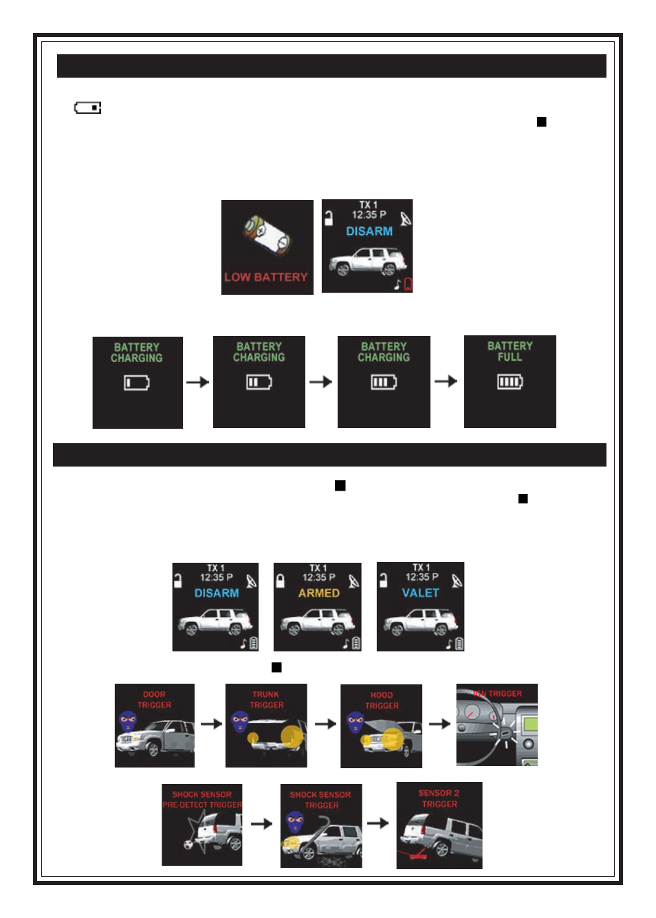 Charging the battery, Way transmitter main display page | Code Alarm SRT 9000 User Manual | Page 5 / 26