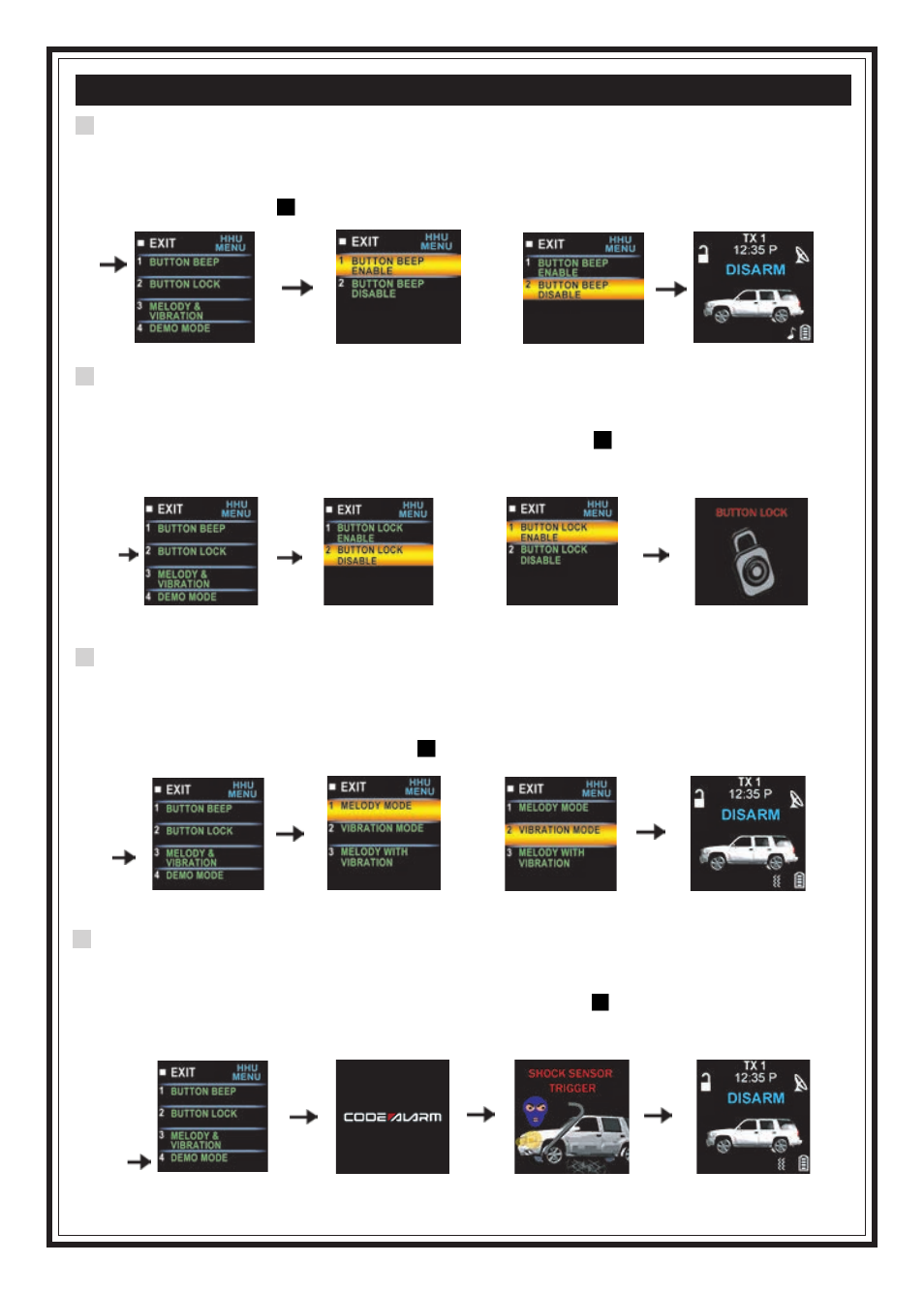 Settings for the 2-way transmitter button beeps, Button lock, Melody / vibration mode | Demo mode | Code Alarm SRT 9000 User Manual | Page 8 / 26