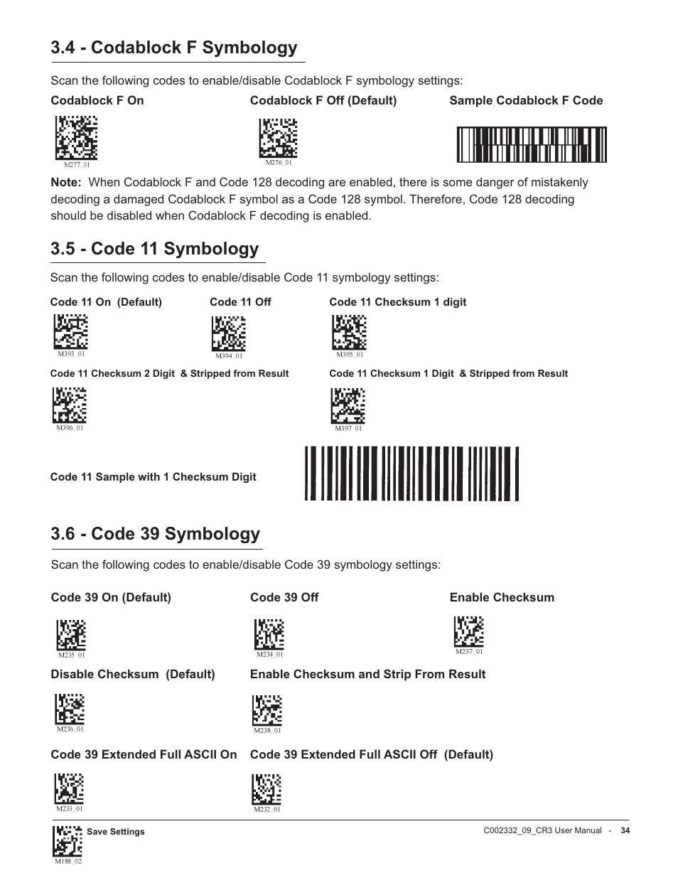 4 - codablock f symbology, 6 - code 39 symbology, 5 - code 11 symbology | Code Alarm CR3 User Manual | Page 40 / 68