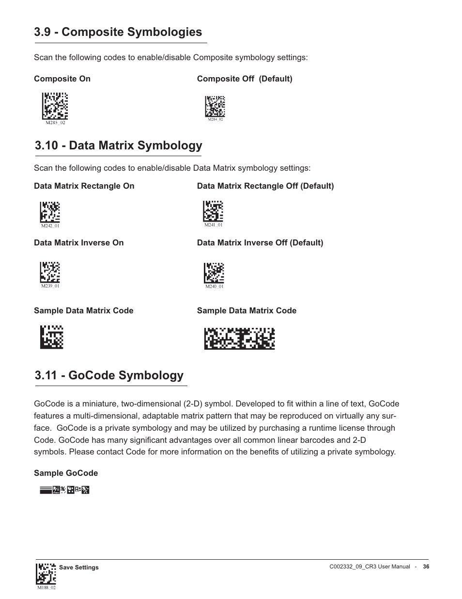 9 - composite symbologies, 11 - gocode symbology, 10 - data matrix symbology | Code Alarm CR3 User Manual | Page 42 / 68