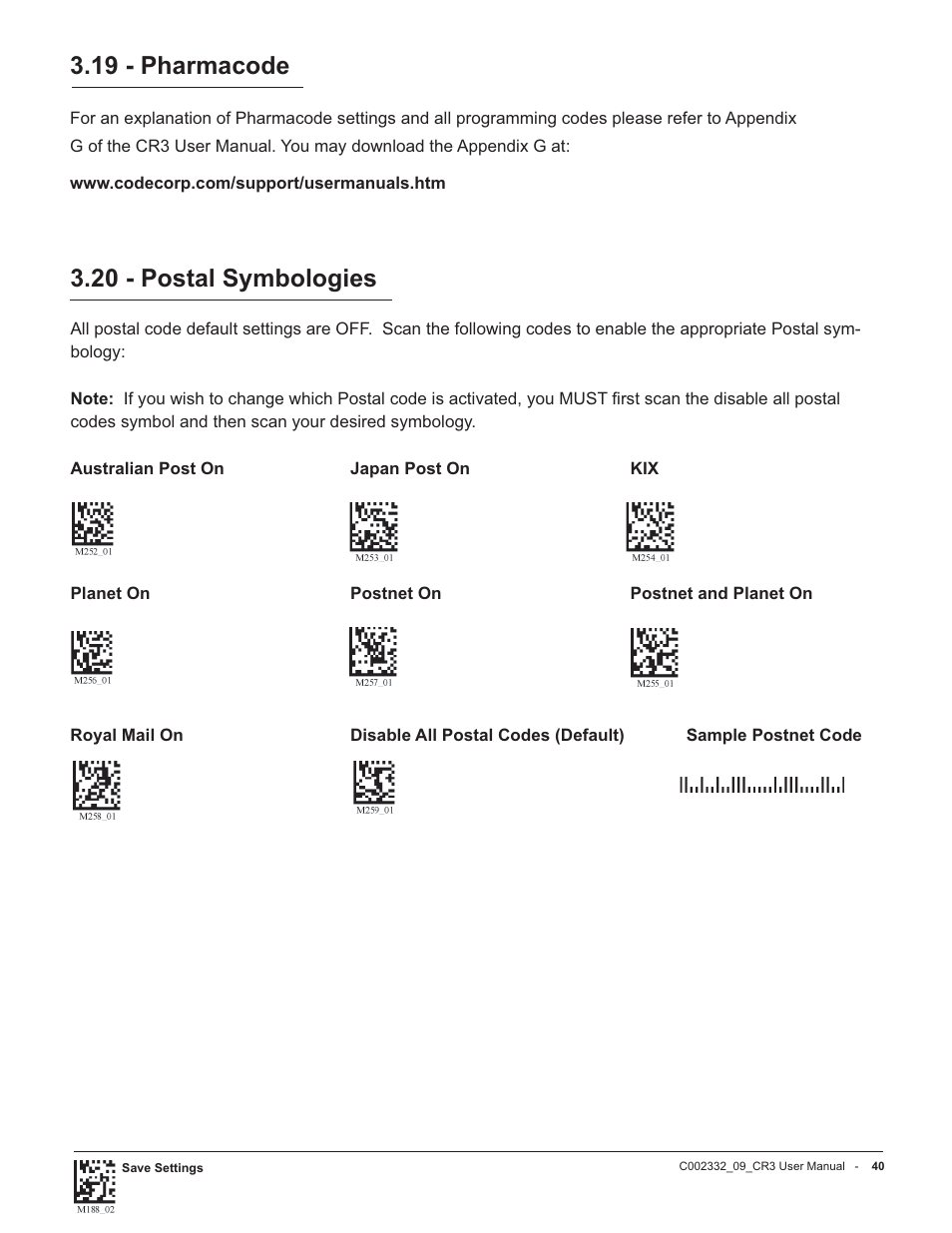 19 - pharmacode, 20 - postal symbologies | Code Alarm CR3 User Manual | Page 46 / 68