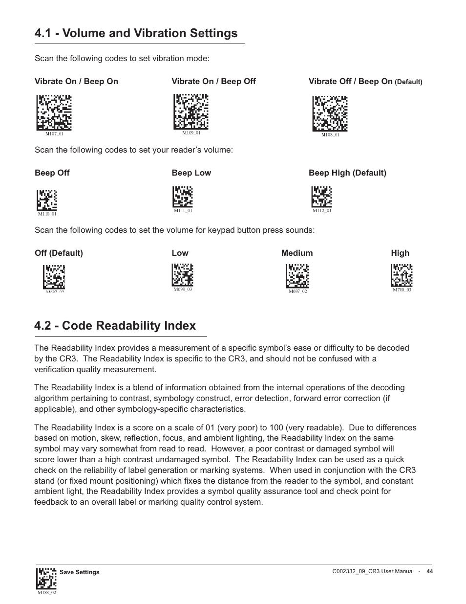 1 - volume and vibration settings, 2 - code readability index | Code Alarm CR3 User Manual | Page 50 / 68