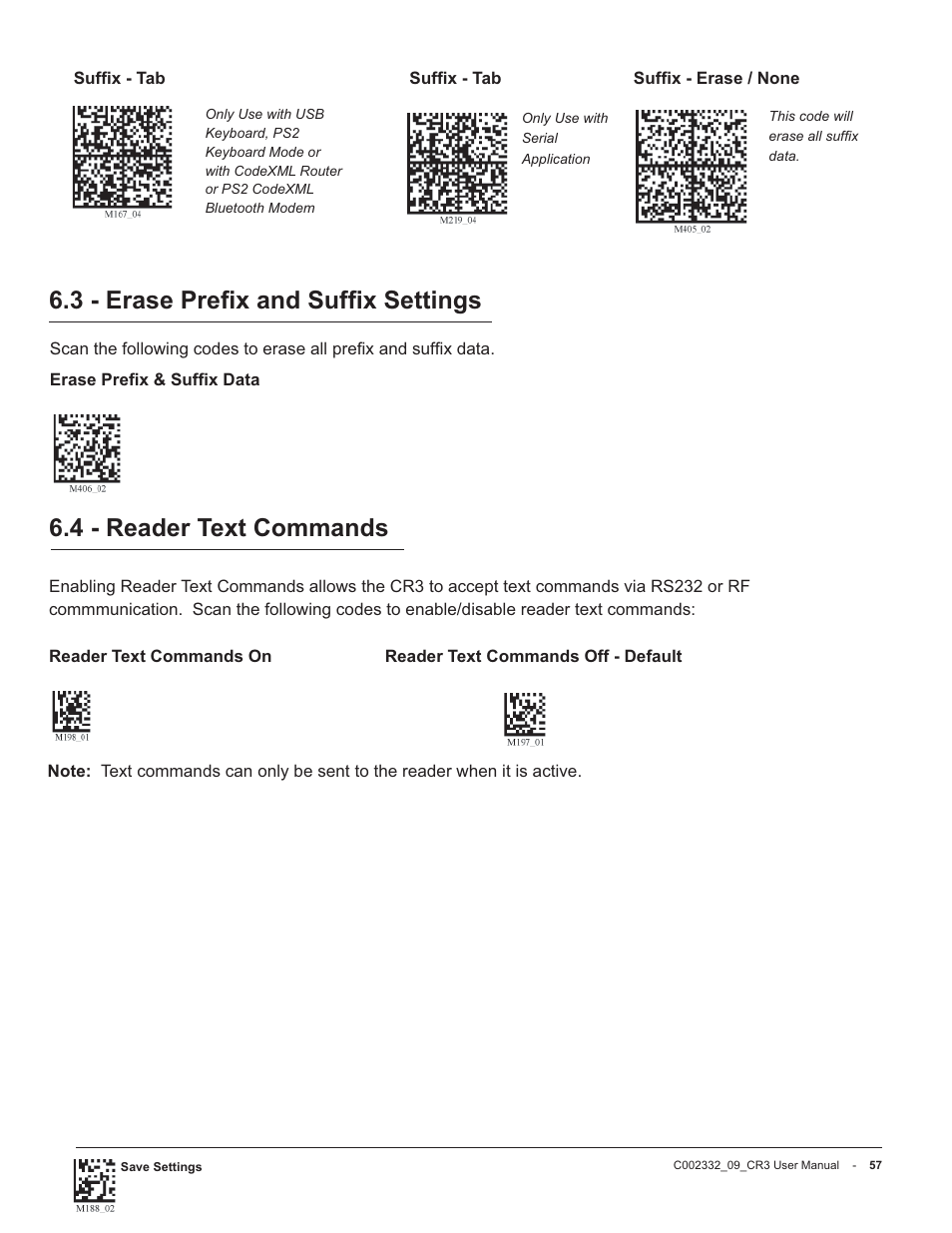 4 - reader text commands, 3 - erase preﬁ x and sufﬁ x settings | Code Alarm CR3 User Manual | Page 63 / 68