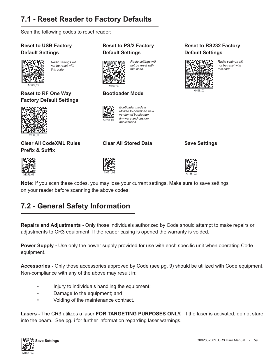 1 - reset reader to factory defaults, 2 - general safety information | Code Alarm CR3 User Manual | Page 65 / 68