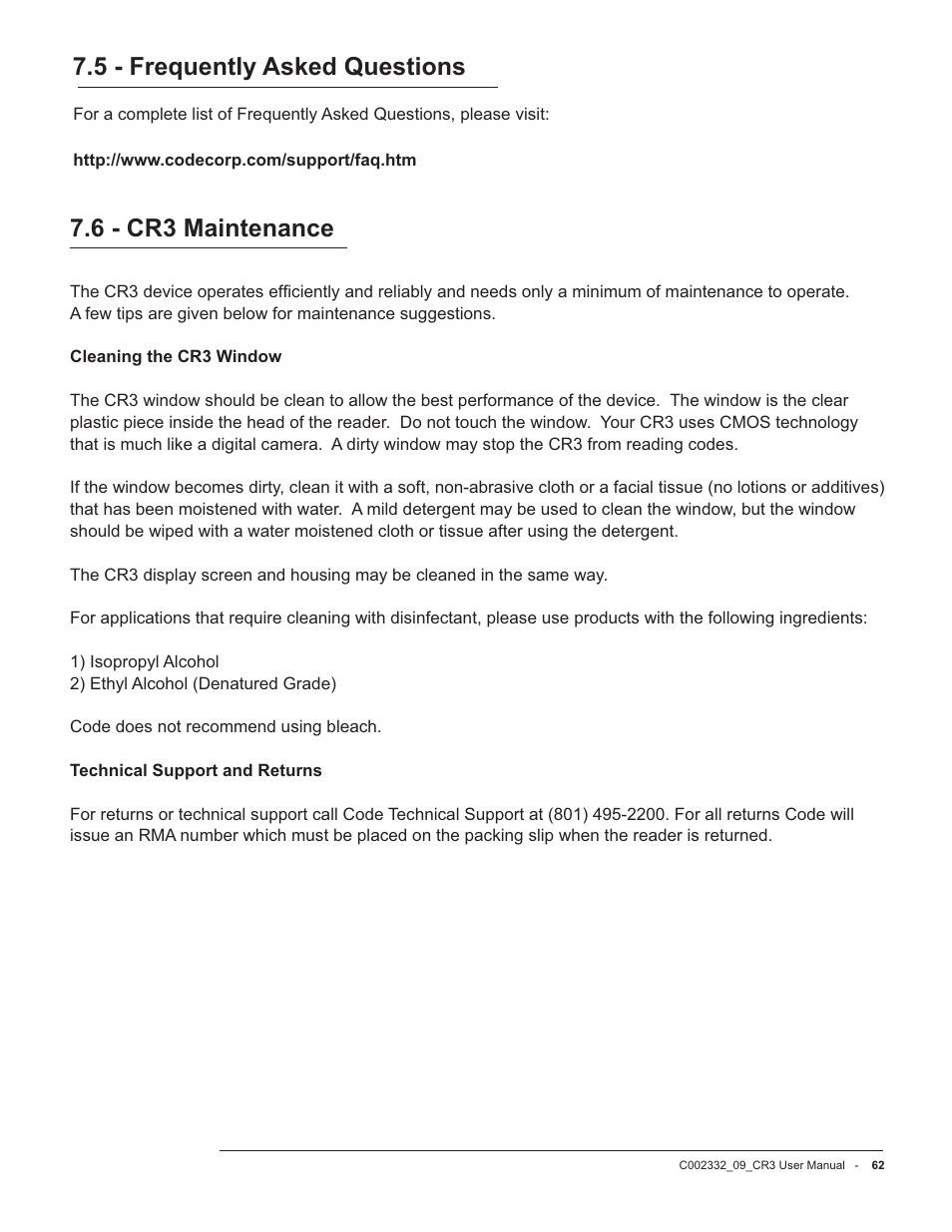 5 - frequently asked questions, 6 - cr3 maintenance | Code Alarm CR3 User Manual | Page 68 / 68