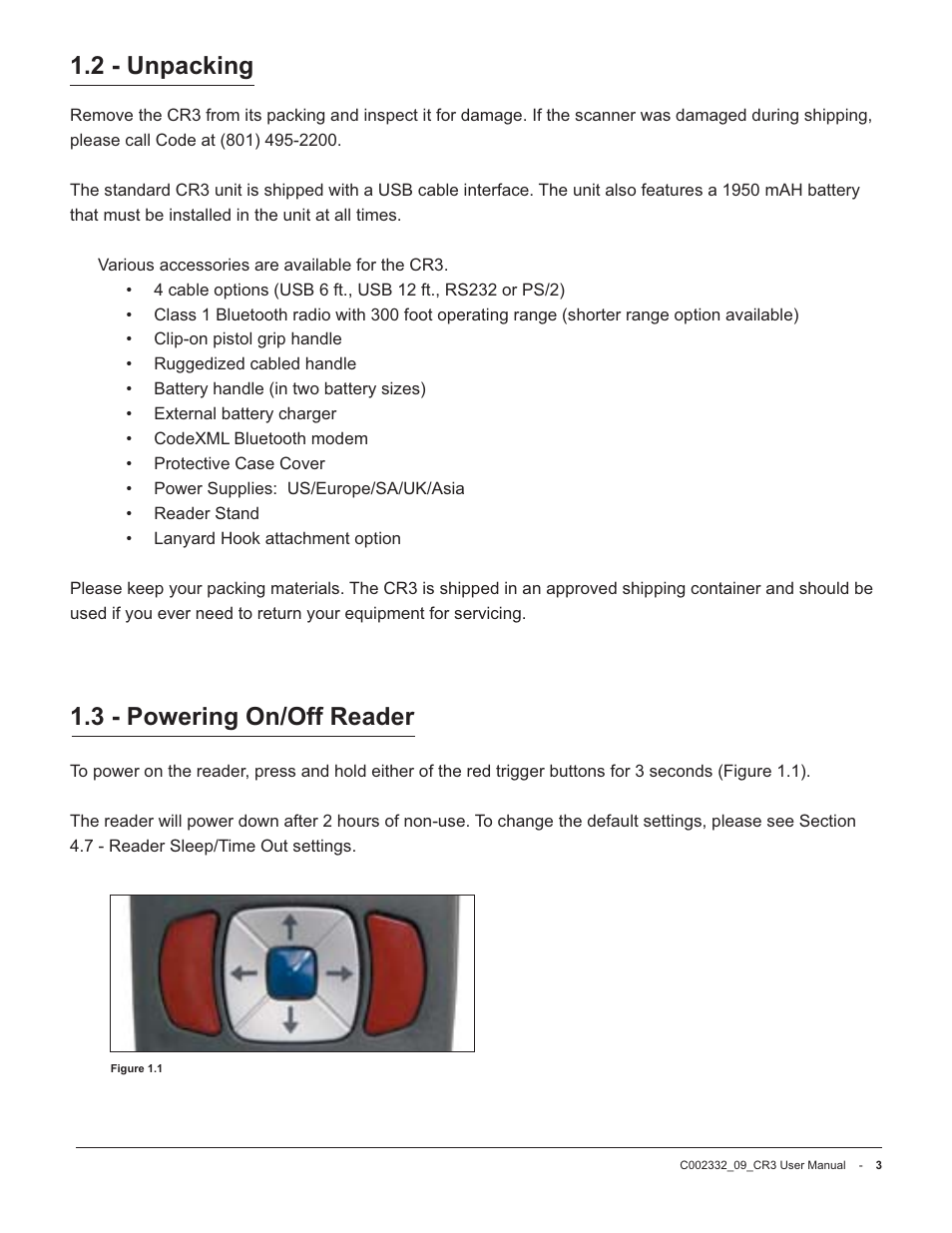 2 - unpacking 1.3 - powering on/off reader | Code Alarm CR3 User Manual | Page 9 / 68