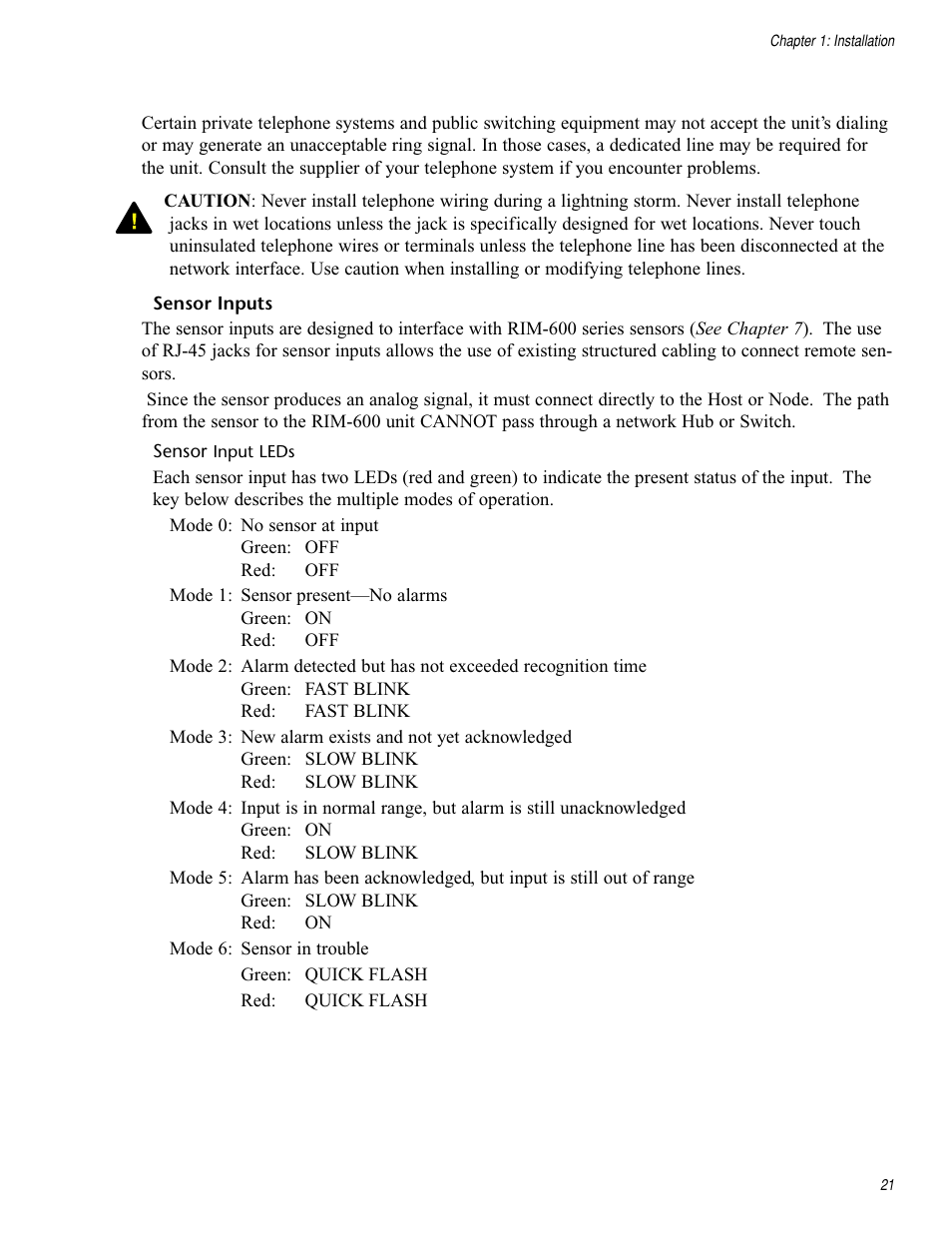 Sensor inputs, Sensor input leds, Sensor inputs sensor input leds | Chatsworth Products RIM-600 User Manual | Page 21 / 84