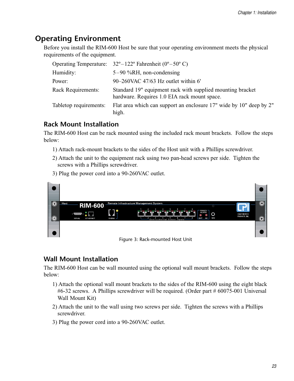 Operating environment, Rack mount installation, Wall mount installation | Rack mount installation wall mount installation | Chatsworth Products RIM-600 User Manual | Page 23 / 84