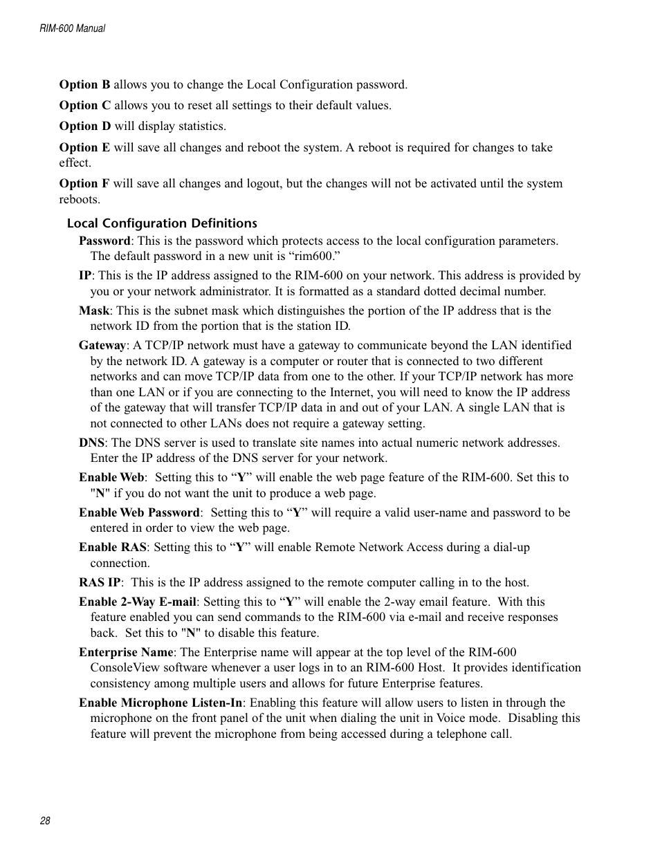 Local configuration definitions | Chatsworth Products RIM-600 User Manual | Page 28 / 84