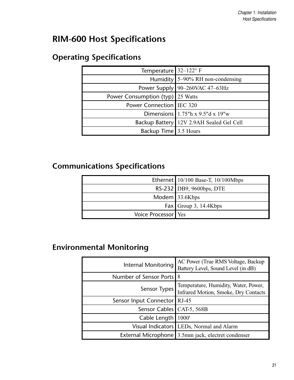 Rim-600 host specifications, Operating specifications, Communications specifications | Environmental monitoring | Chatsworth Products RIM-600 User Manual | Page 31 / 84