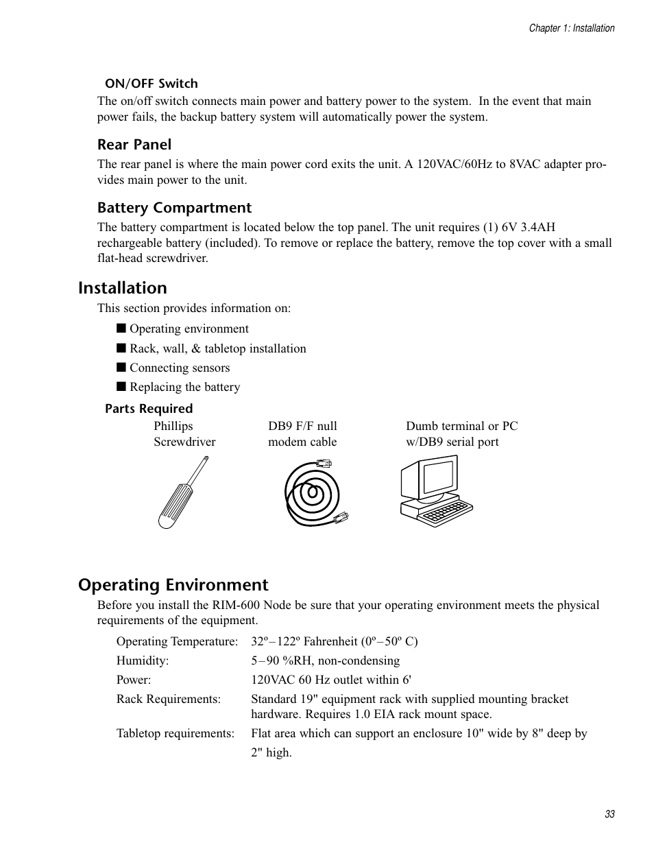 On/off switch, Rear panel, Battery compartment | Installation, Parts required, Operating environment, Rear panel battery compartment | Chatsworth Products RIM-600 User Manual | Page 33 / 84