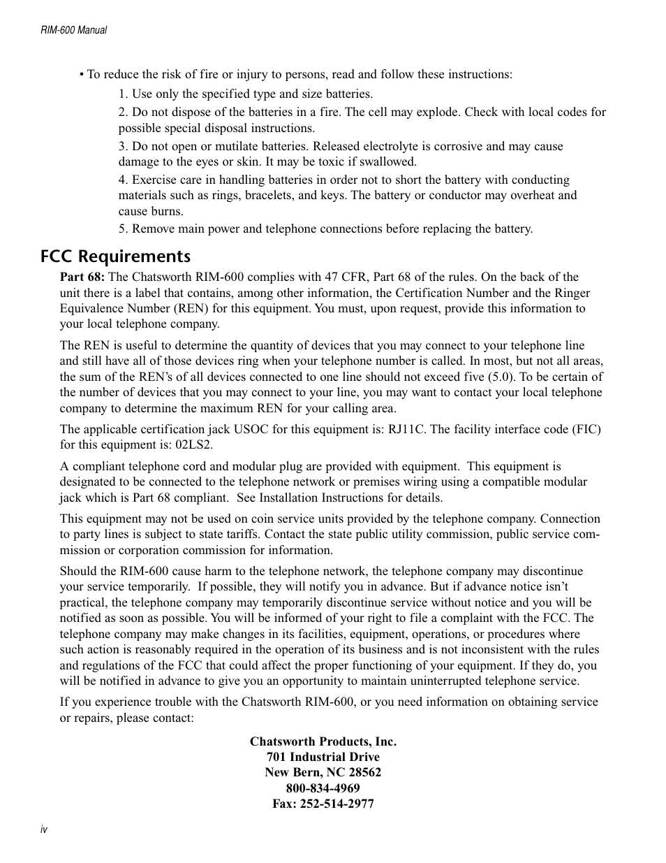 Fcc requirements | Chatsworth Products RIM-600 User Manual | Page 4 / 84