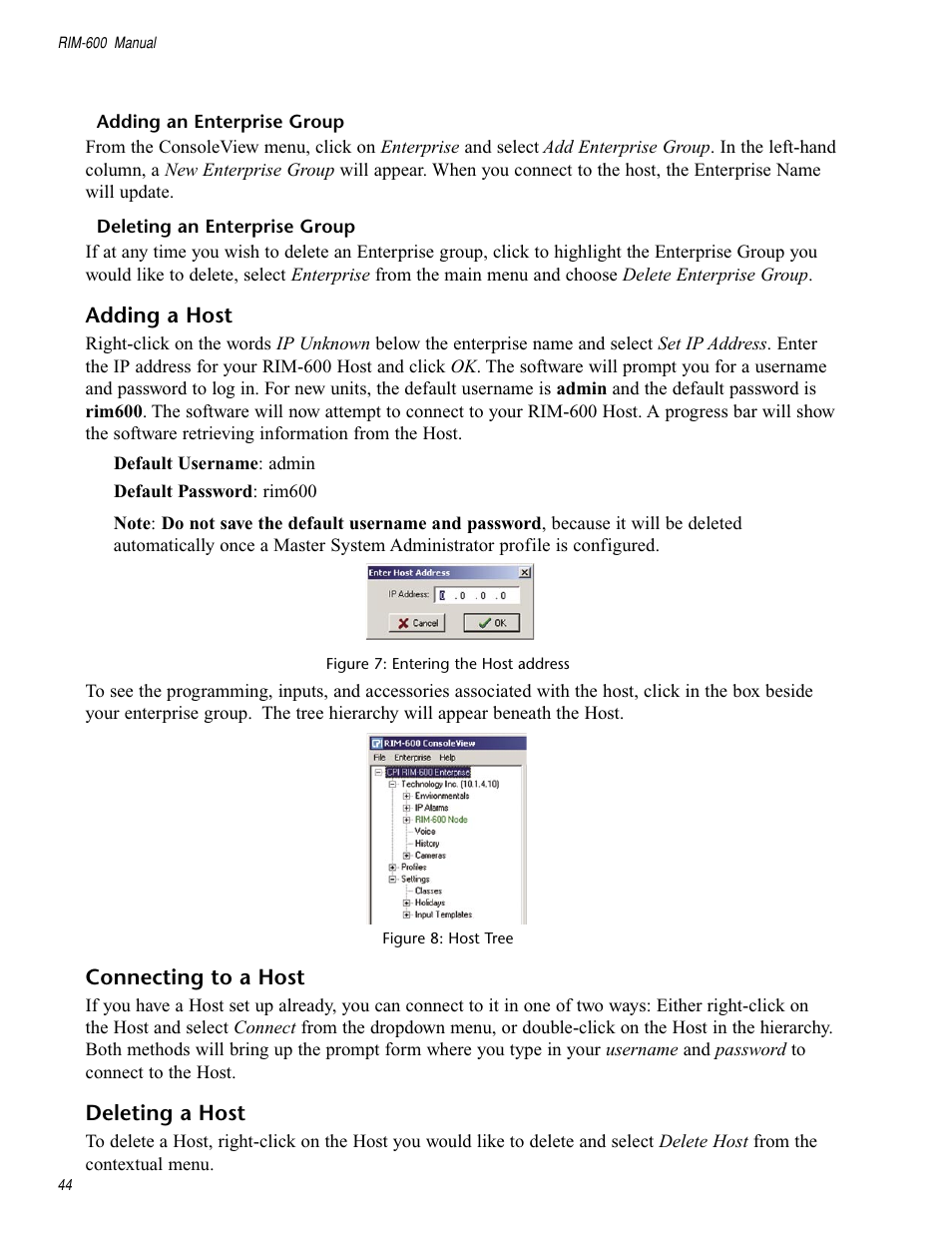 Adding an enterprise group, Deleting an enterprise group, Adding a host | Connecting to a host, Deleting a host, Adding a host connecting to a host deleting a host | Chatsworth Products RIM-600 User Manual | Page 44 / 84