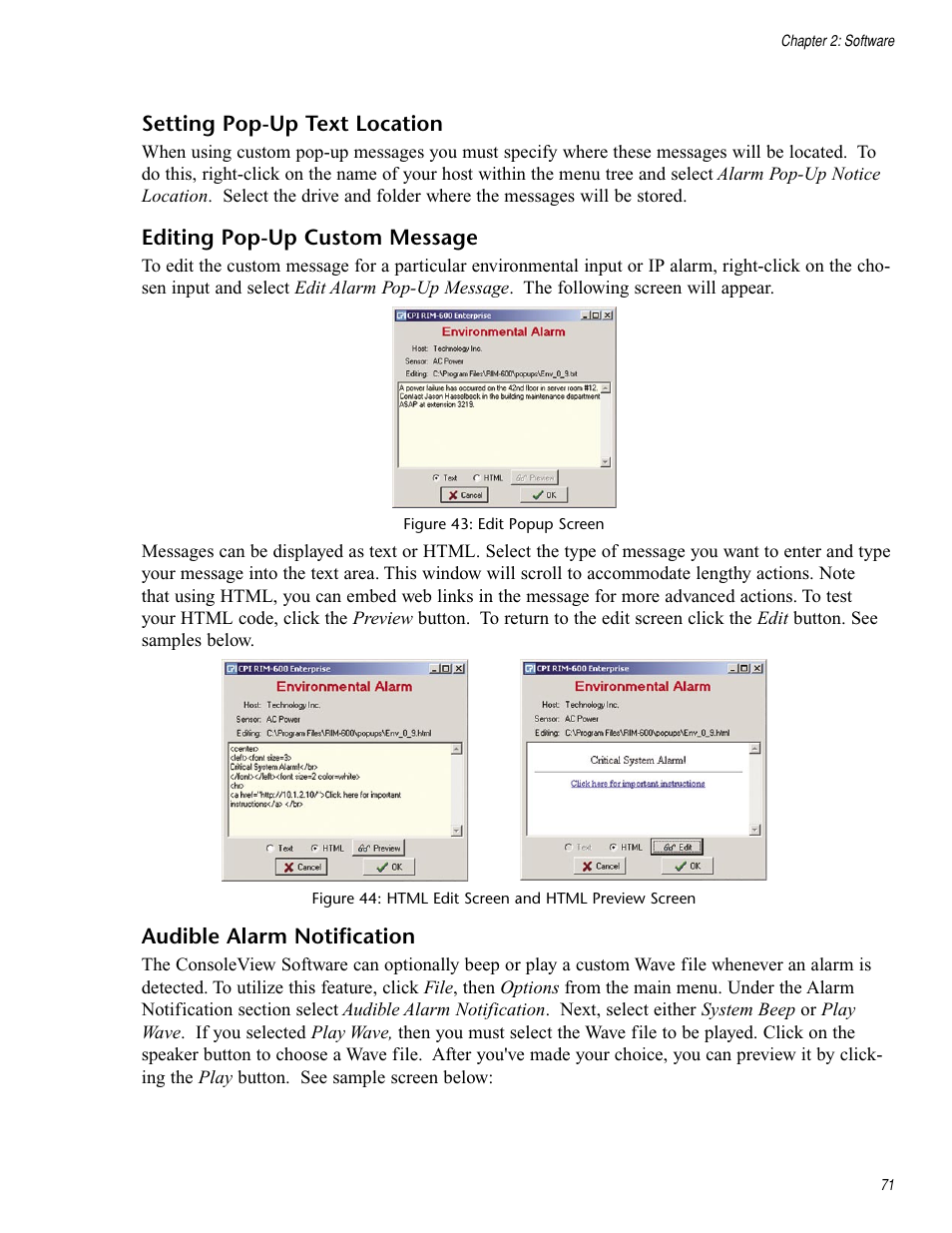Setting pop-up text location, Editing pop-up custom message, Audible alarm notification | Chatsworth Products RIM-600 User Manual | Page 71 / 84