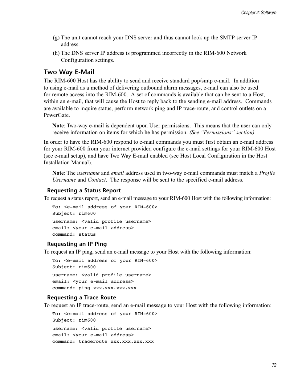Two way e-mail, Requesting a status report, Requesting an ip ping | Requesting a trace route | Chatsworth Products RIM-600 User Manual | Page 73 / 84