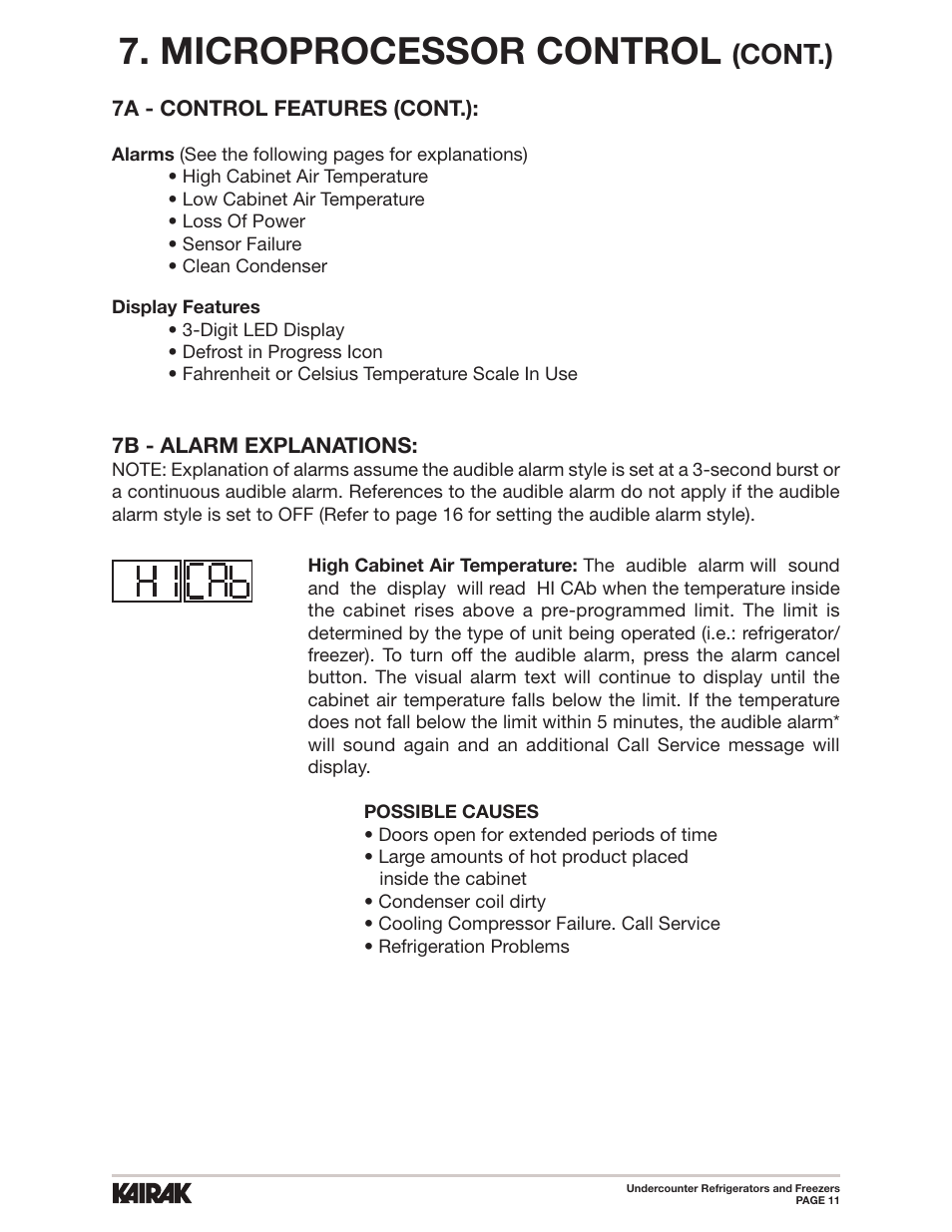 Microprocessor control, Cont.) | Kairak Undercounters (KU) User Manual | Page 11 / 30