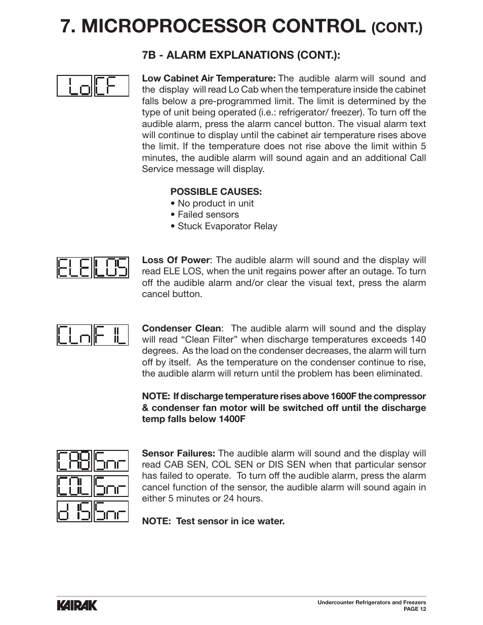 Microprocessor control, Cont.) | Kairak Undercounters (KU) User Manual | Page 12 / 30