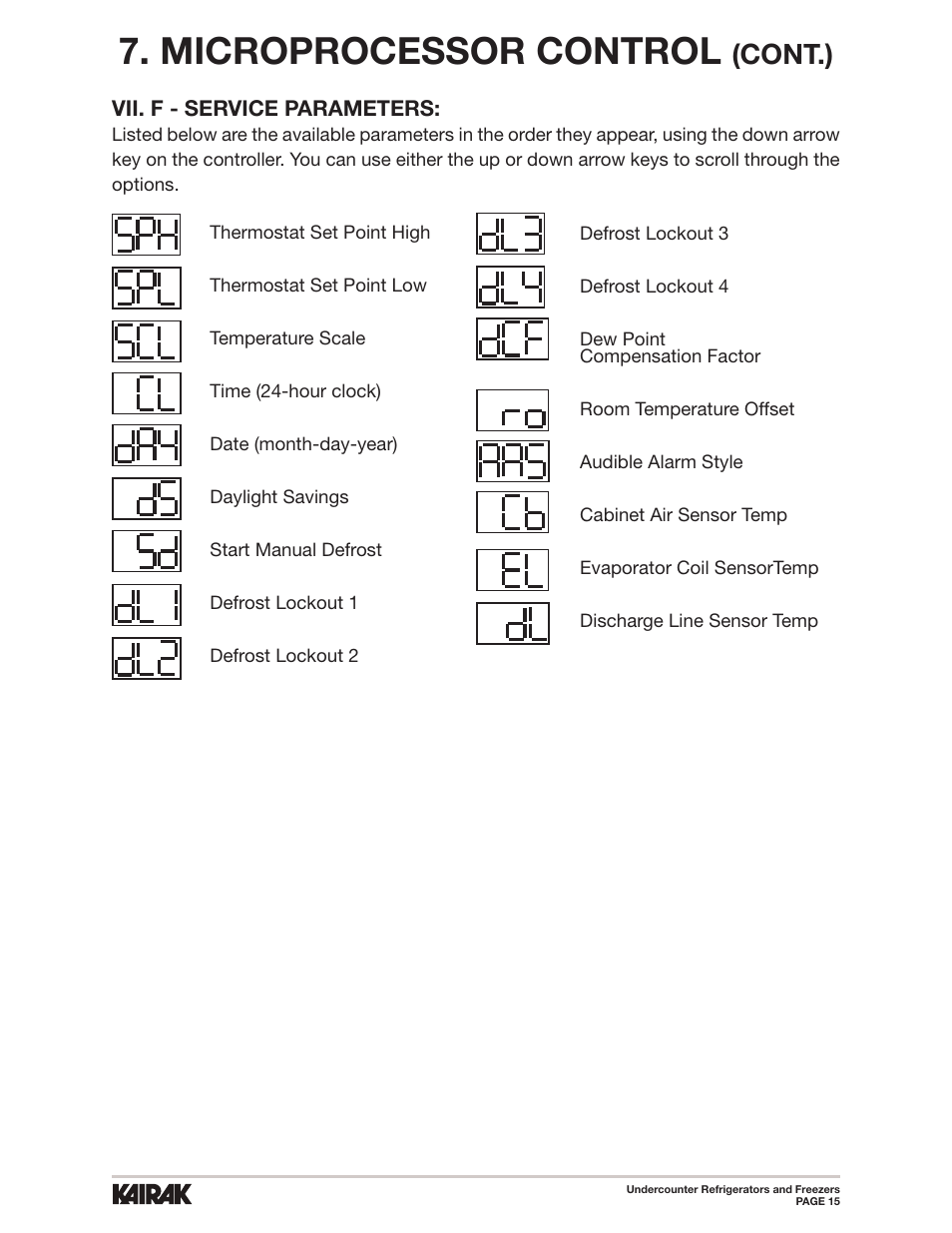 Microprocessor control, Cont.) | Kairak Undercounters (KU) User Manual | Page 15 / 30