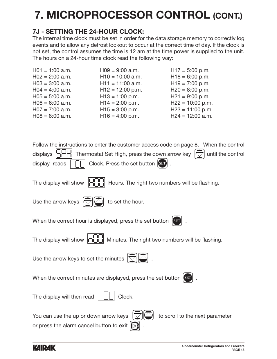 Microprocessor control, Cont.), 7j - setting the 24-hour clock | Kairak Undercounters (KU) User Manual | Page 18 / 30