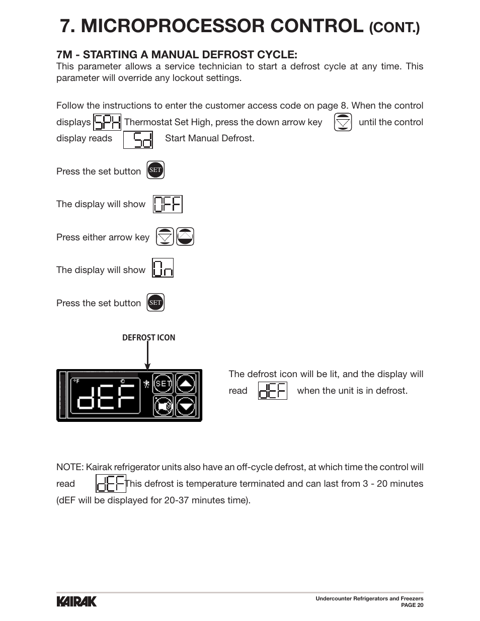 Microprocessor control, Cont.) | Kairak Undercounters (KU) User Manual | Page 20 / 30