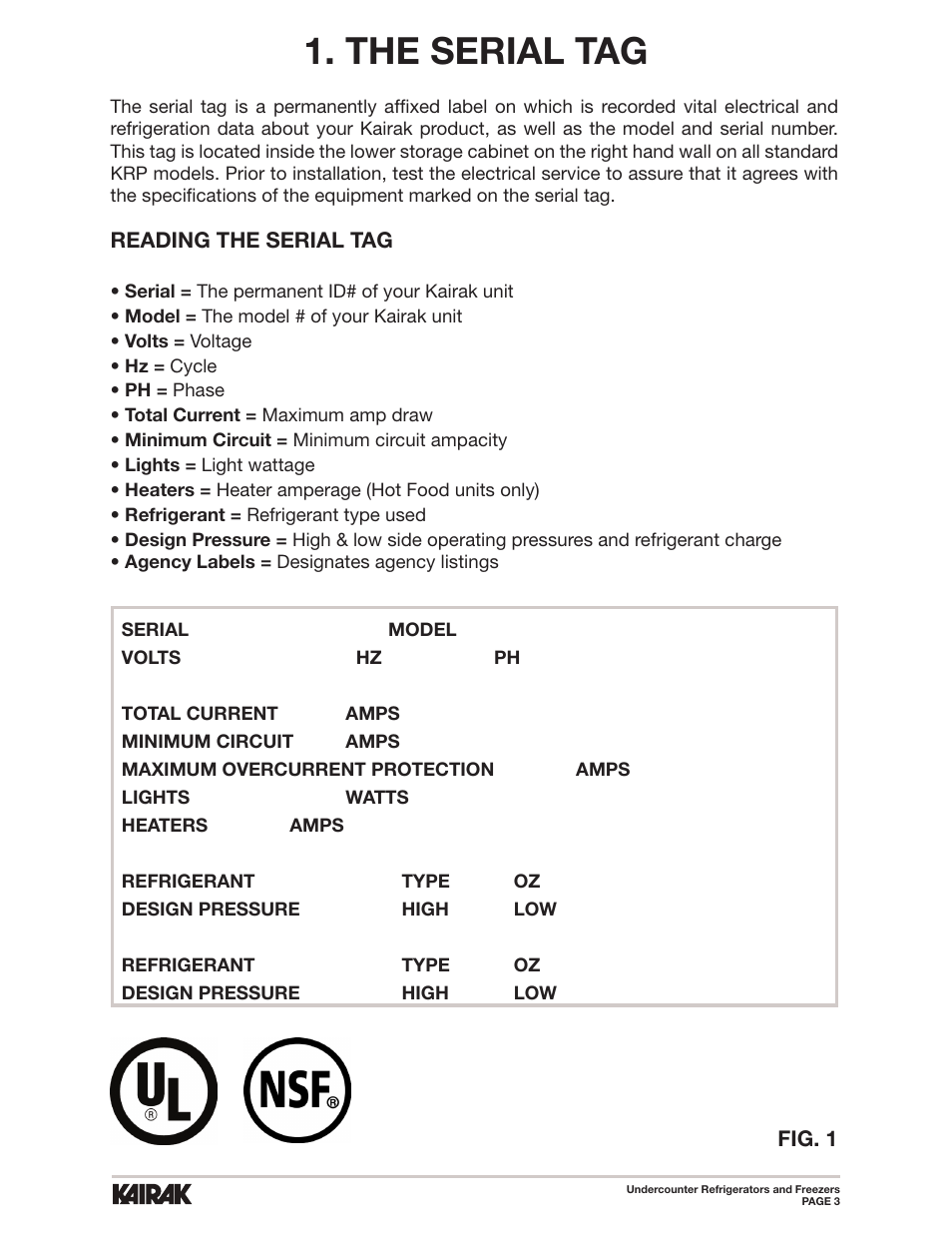 The serial tag | Kairak Undercounters (KU) User Manual | Page 3 / 30