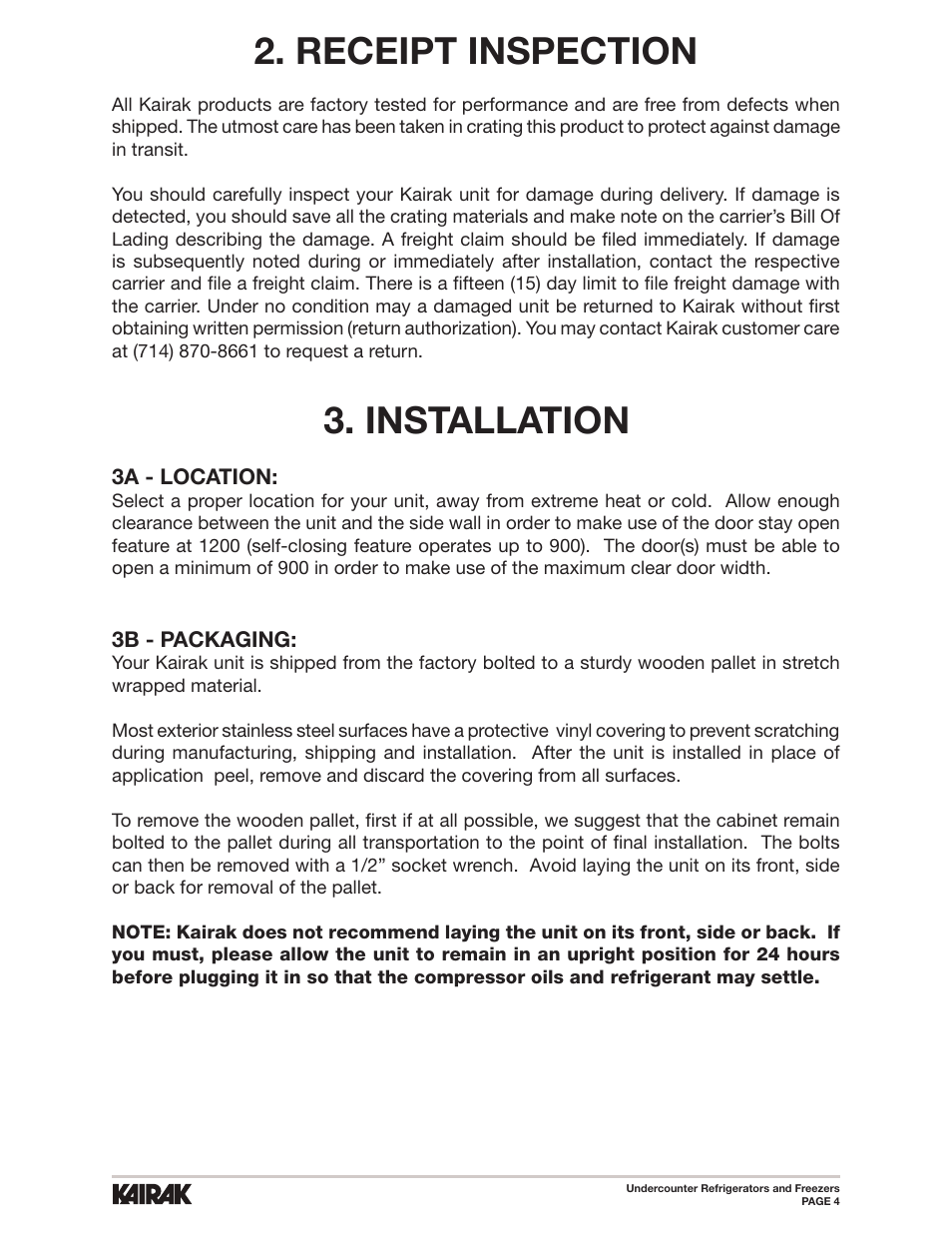 Receipt inspection, Installation | Kairak Undercounters (KU) User Manual | Page 4 / 30